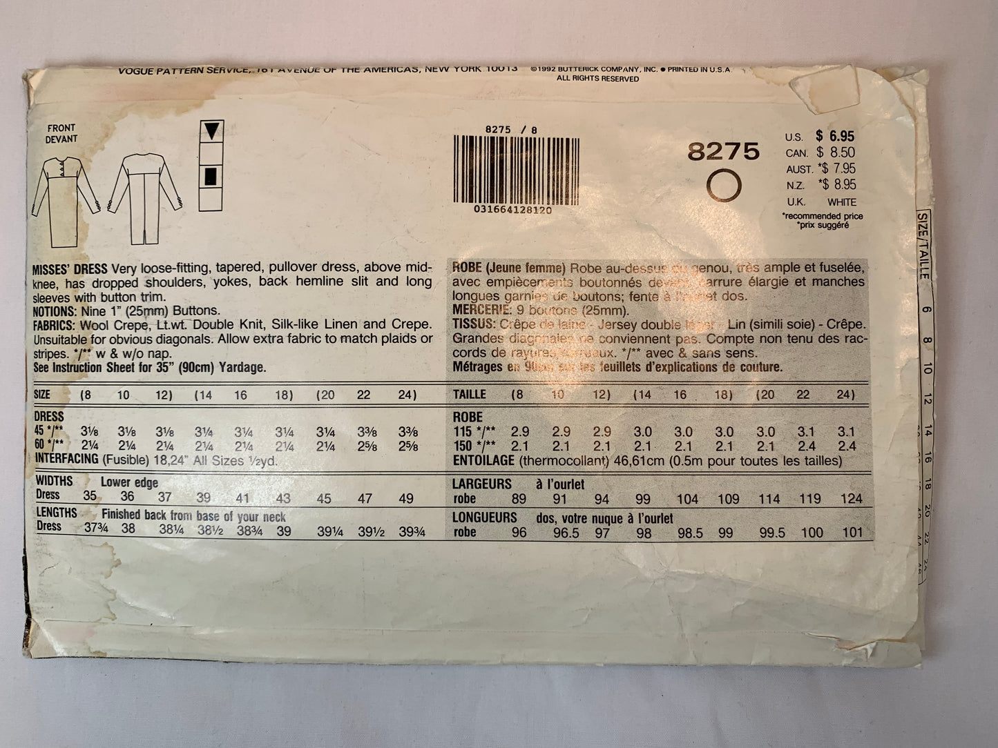 Vogue 8275, Misses' Dress, Size 8-12, Cut, Vintage 1992