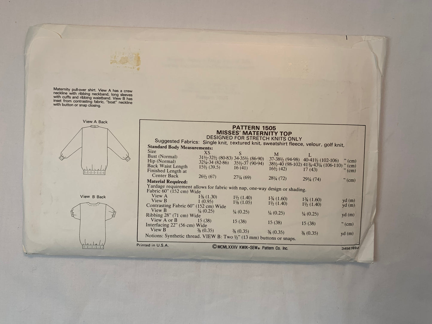 KWIK 1505 Misses' Maternity Tops, Size XS-L, Uncut, Vintage 1985
