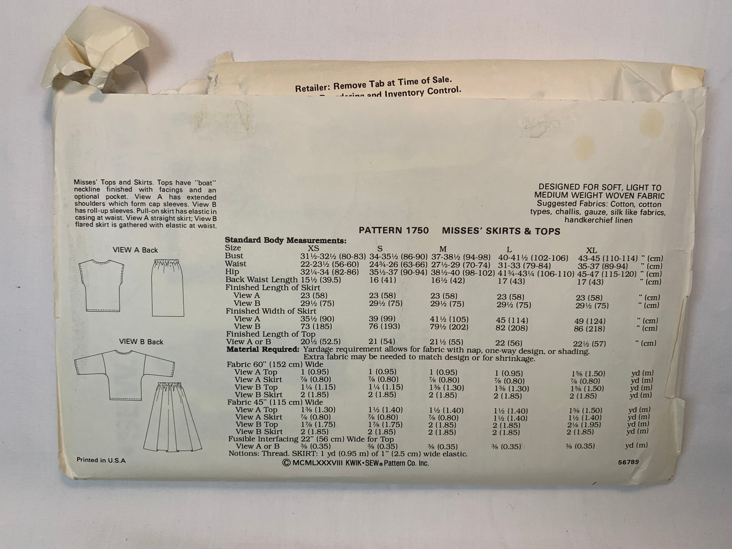 KWIK 1750 Misses' Tops, Skirt, Size 31-38, Cut, Vintage 1988