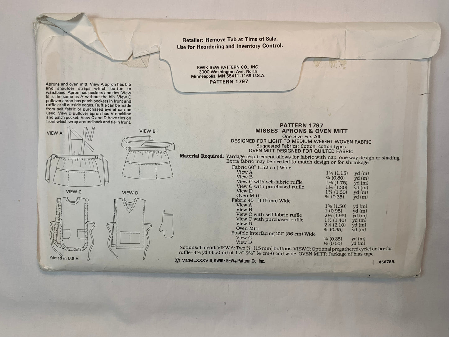 Kwik 1797 Crafts, Aprons, Oven Mitts, Cut, Vintage 1988