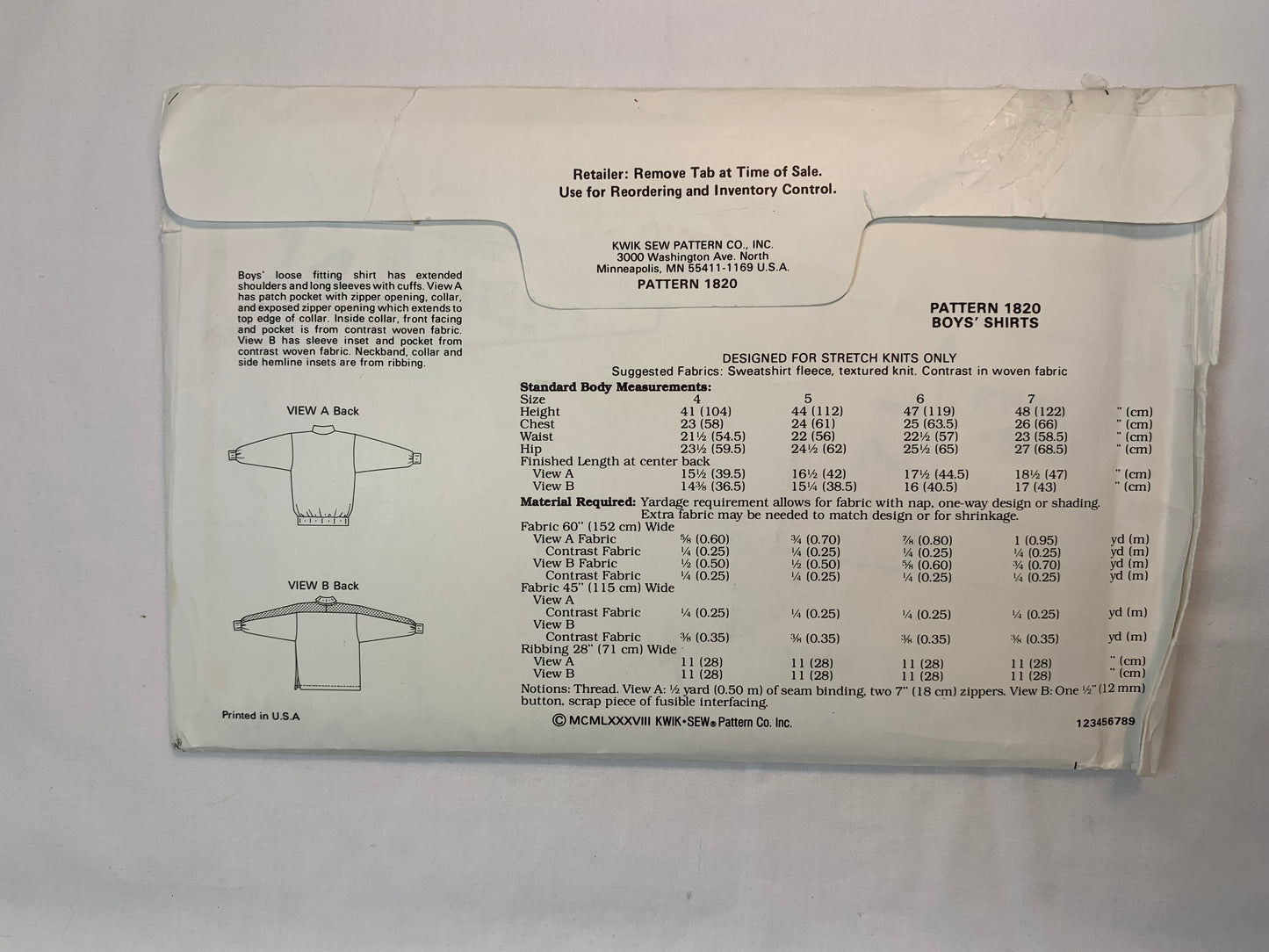 KWIK 1820 Boys' Shirts, Size 4-7, Cut, Vintage 1988