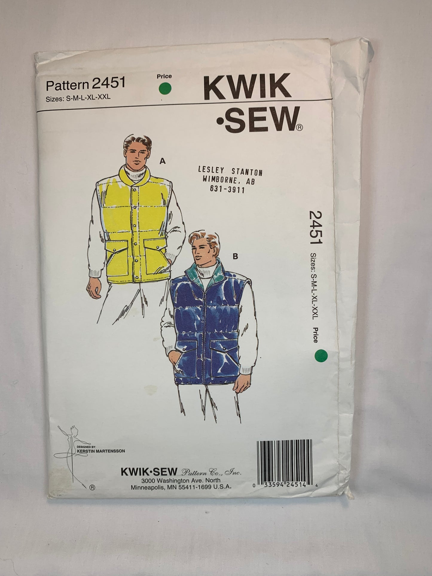 KWIK 1120 Mens' Quilted Vest, Size 34-52, Uncut, Vintage 1995