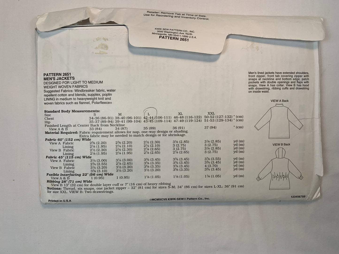 KWIK Sewing Pattern 2651 Men's Lined Jacket, Long Sleeves, Hood, Elastic Waist, Size 34-44, Cut, Vintage 1997