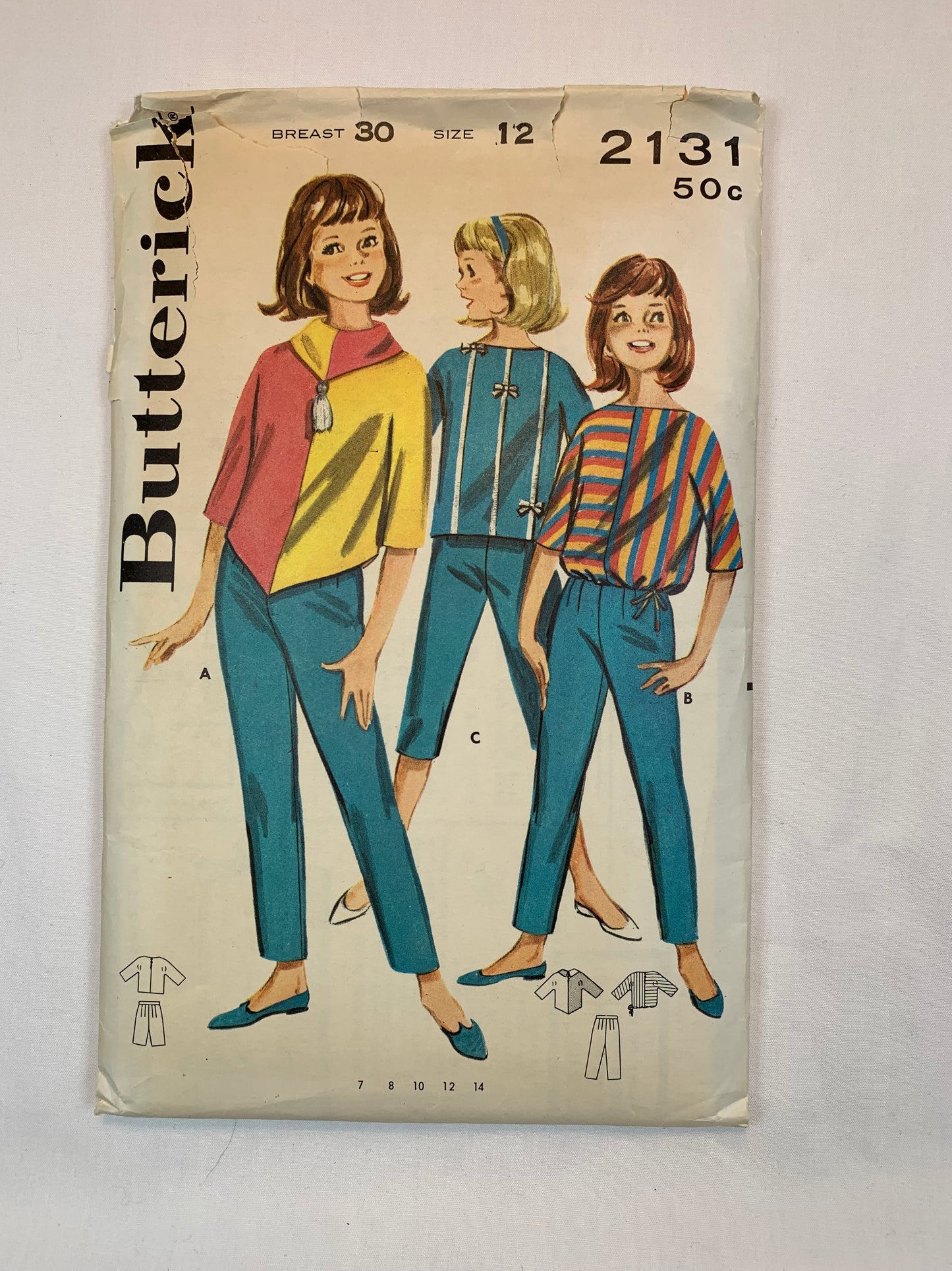 Butterick Sewing Pattern 2131 Girls' Top, Pants, Capris, Zipper Back, Long Sleeves, Cowl Collar, Size 12, Cut, Vintage 1960