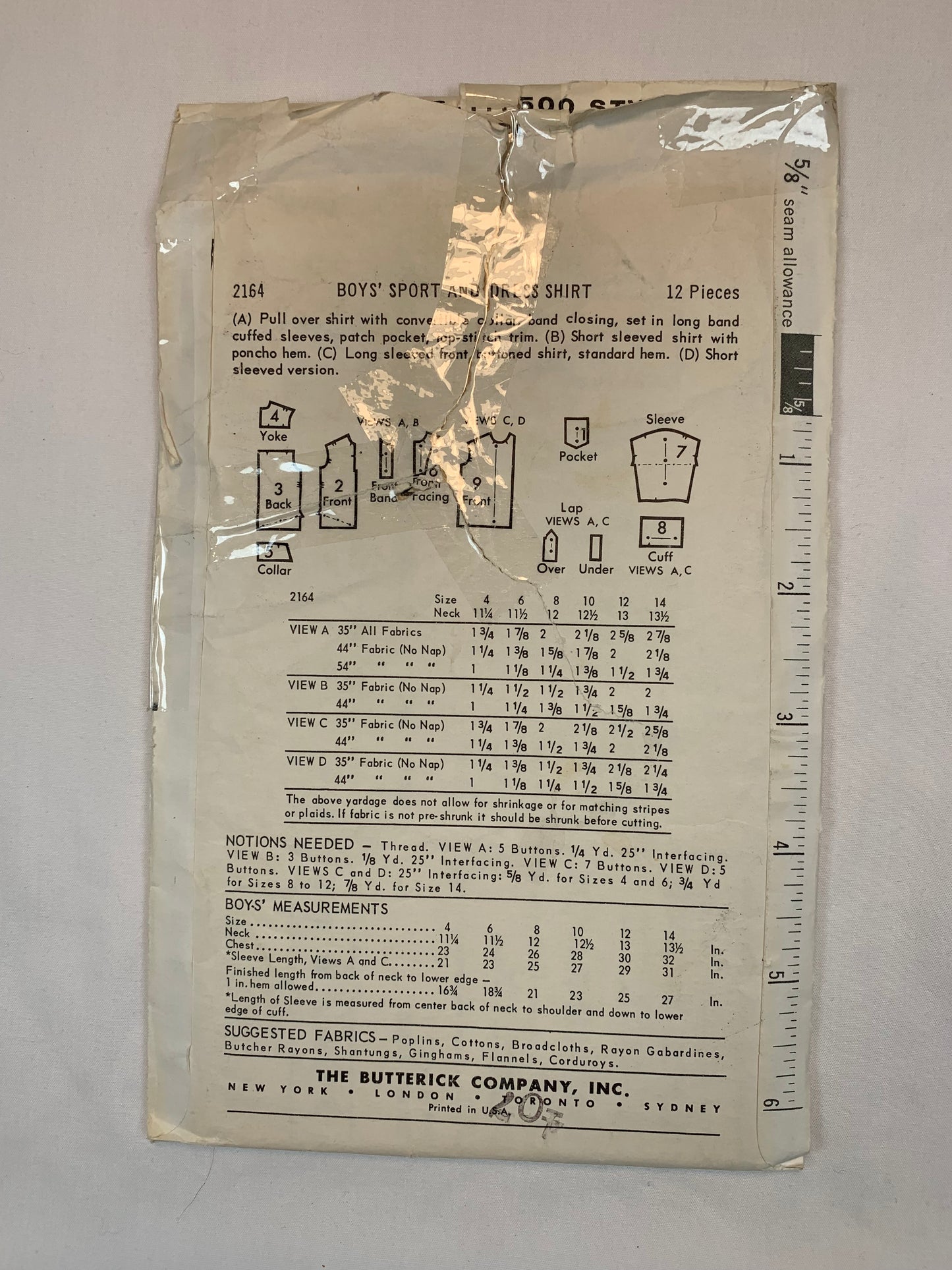 Butterick 2164 Boy's Shirt, Overalls, Size 6, Cut, Vintage 1960