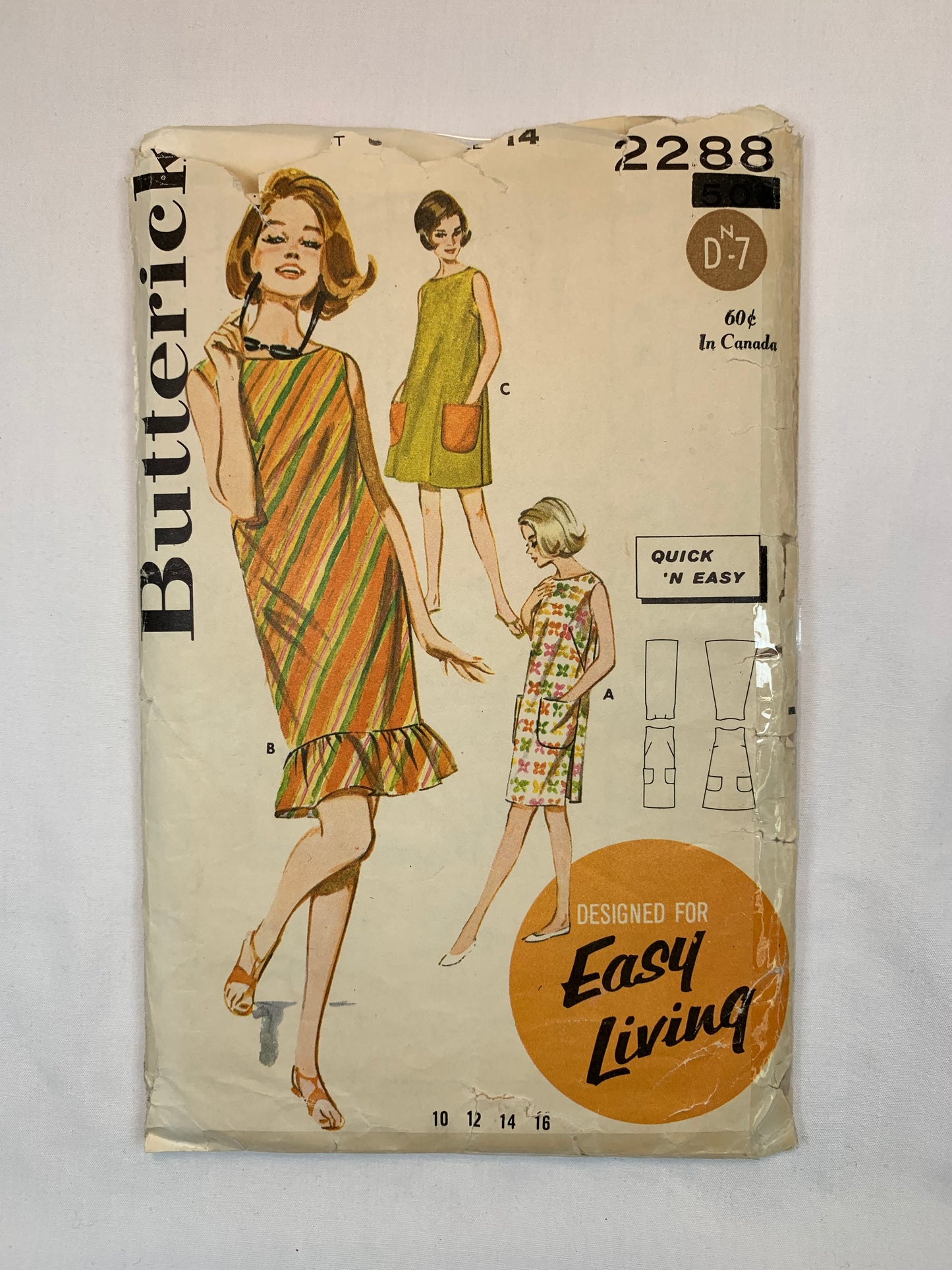 Butterick Sewing Pattern 2288 Misses' Beach Play Dress, Play, 3 Variations, Pockets, Ruffles,Size 14, Cut, Vintage 1968