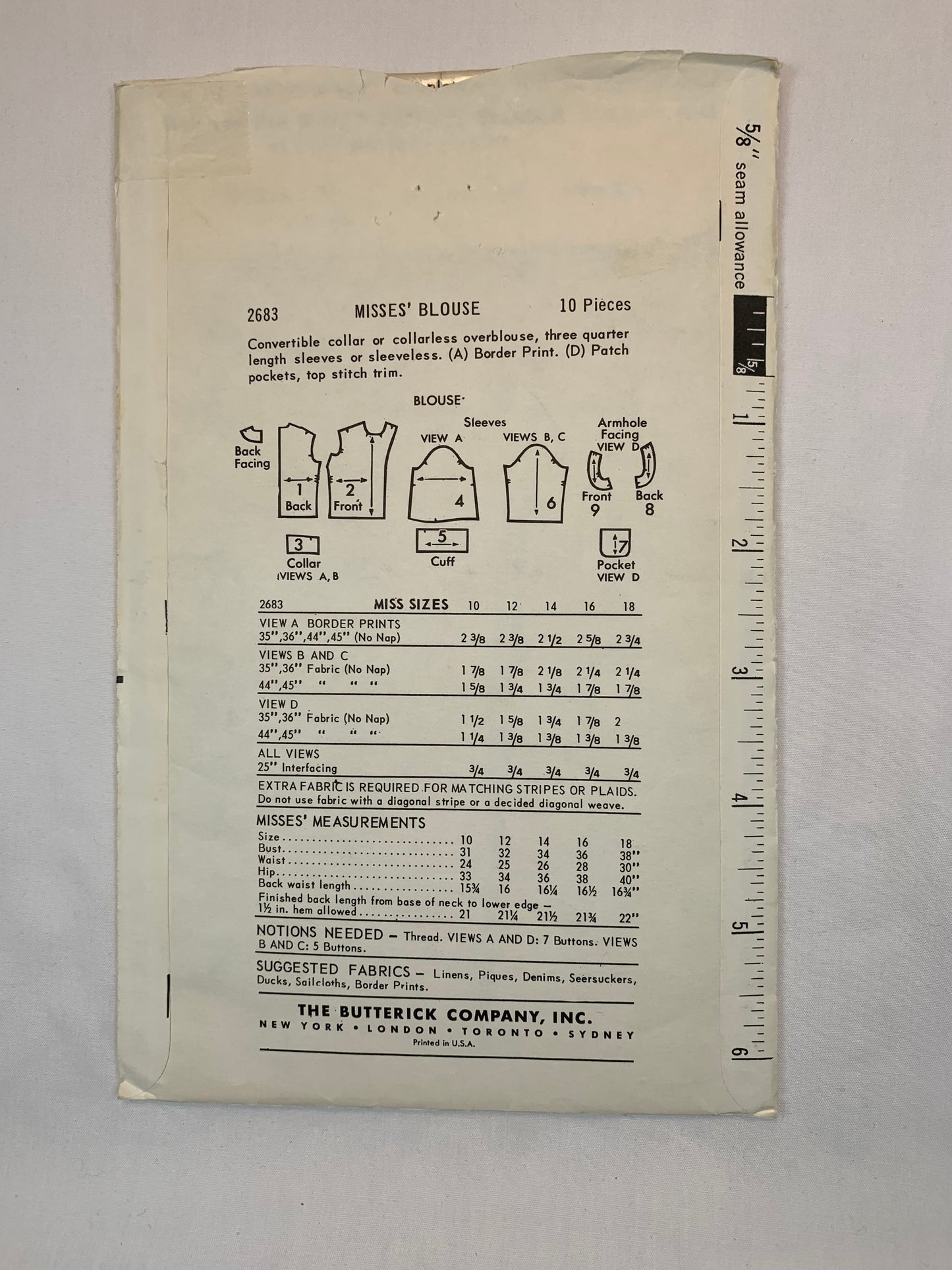 Butterick Sewing Patterns 2683 Misses' Tops, 4 Variations, Button Front, Pockets, Collar, Darts, Size 14, Cut, Vintage 1960