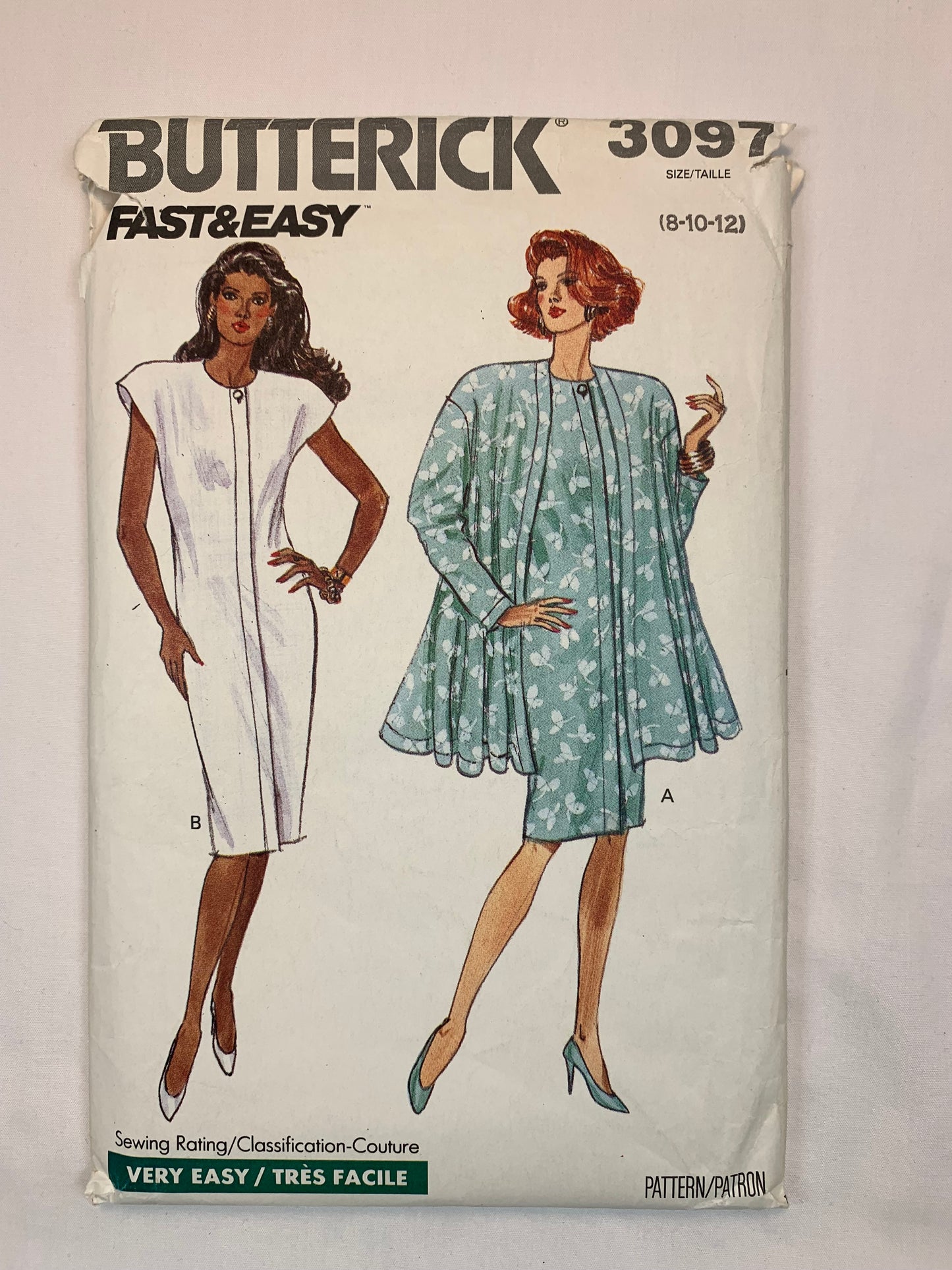 Butterick Sewing Pattern 3097 Misses' Dress, Jacket, Shoulder Pads, Loose-Fitting, Tapered, Size 8-12, Cut, Vintage 1989