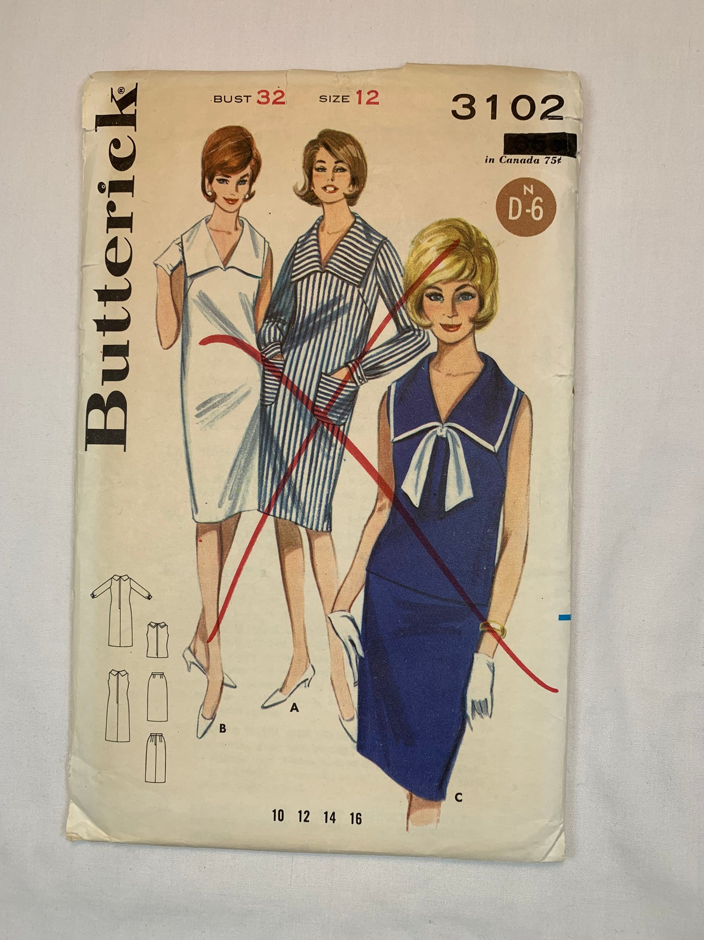 Butterick Sewing Pattern 3102 Misses' Dress, Skirt, Top, Zipper Back, Pockets, Sleeveless, Collar, Size 12, Uncut, Vintage 1960