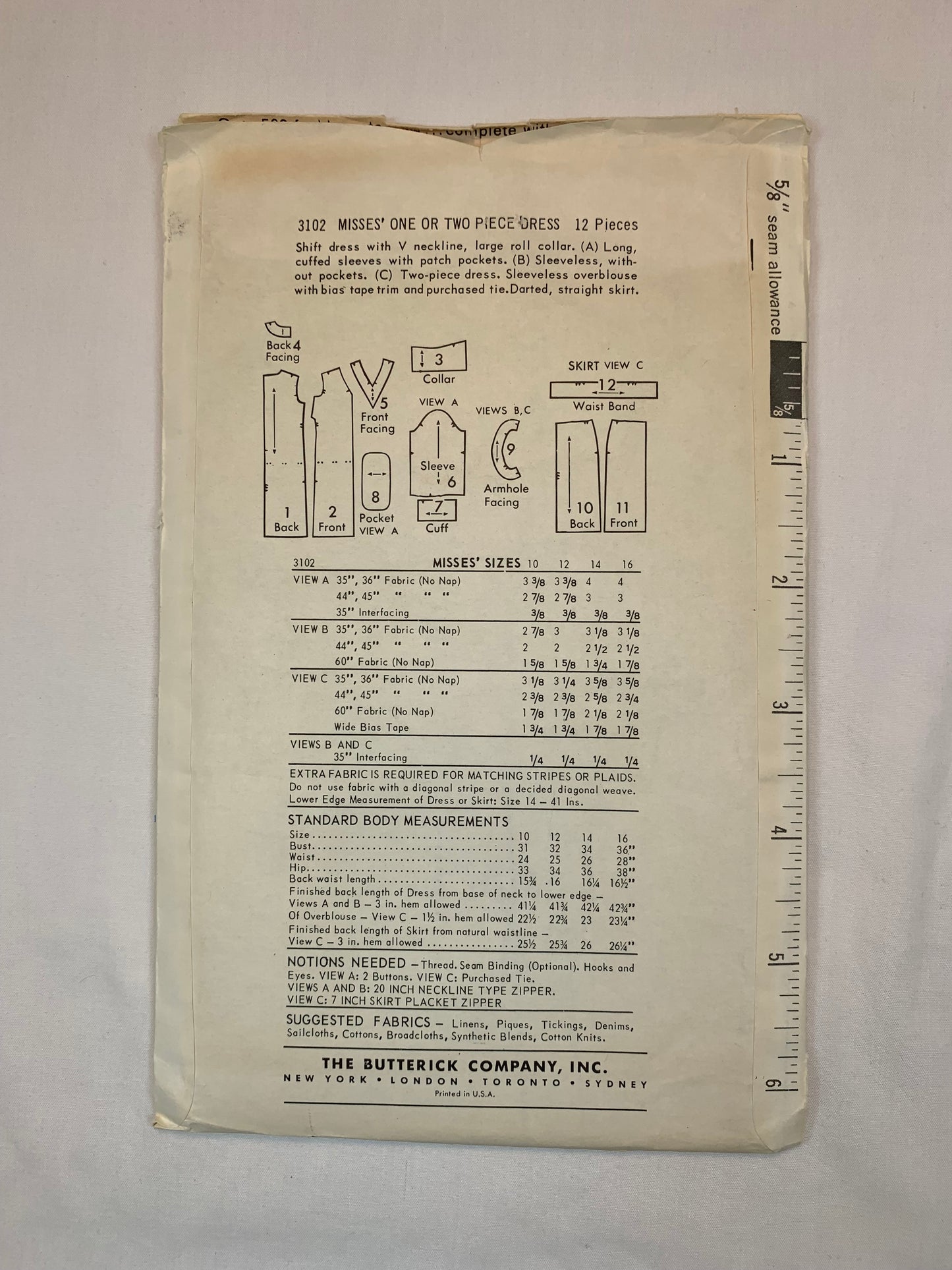 Butterick Sewing Pattern 3102 Misses' Dress, Skirt, Top, Zipper Back, Pockets, Sleeveless, Collar, Size 12, Uncut, Vintage 1960