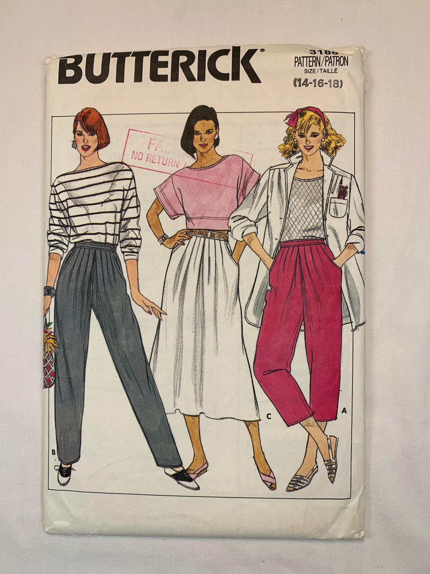 Butterick Sewing Pattern 3188 Misses' Skirt, Pants, Capris, Elastic Waist, Two Lengths, Tapered, Pockets, Size 14-18, Uncut, Vintage 1985