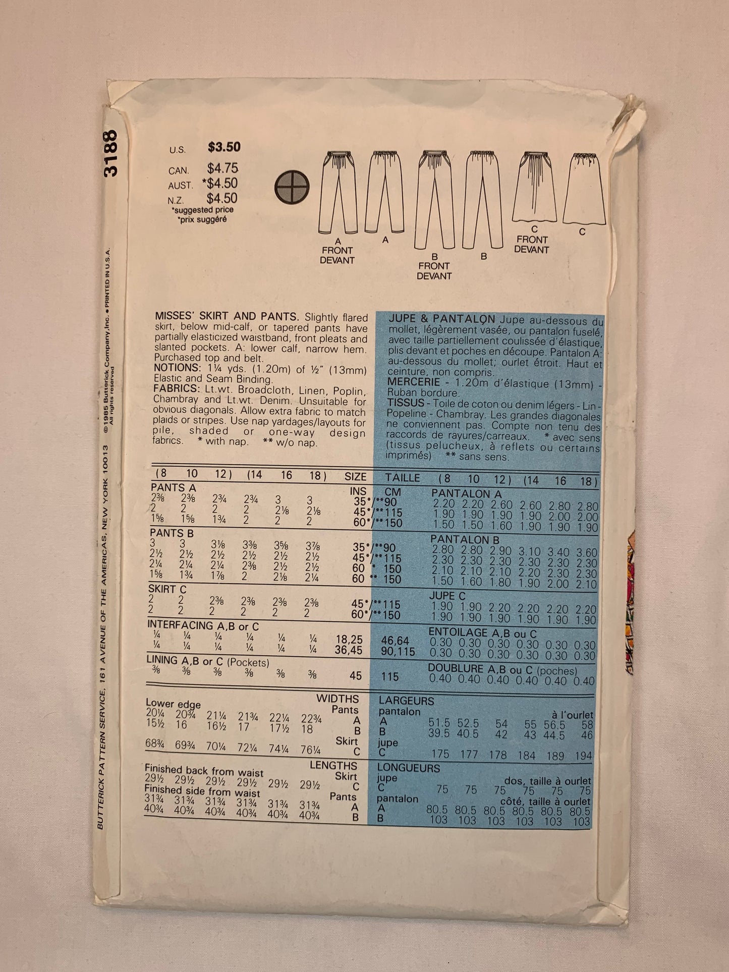 Butterick Sewing Pattern 3188 Misses' Skirt, Pants, Capris, Elastic Waist, Two Lengths, Tapered, Pockets, Size 14-18, Uncut, Vintage 1985