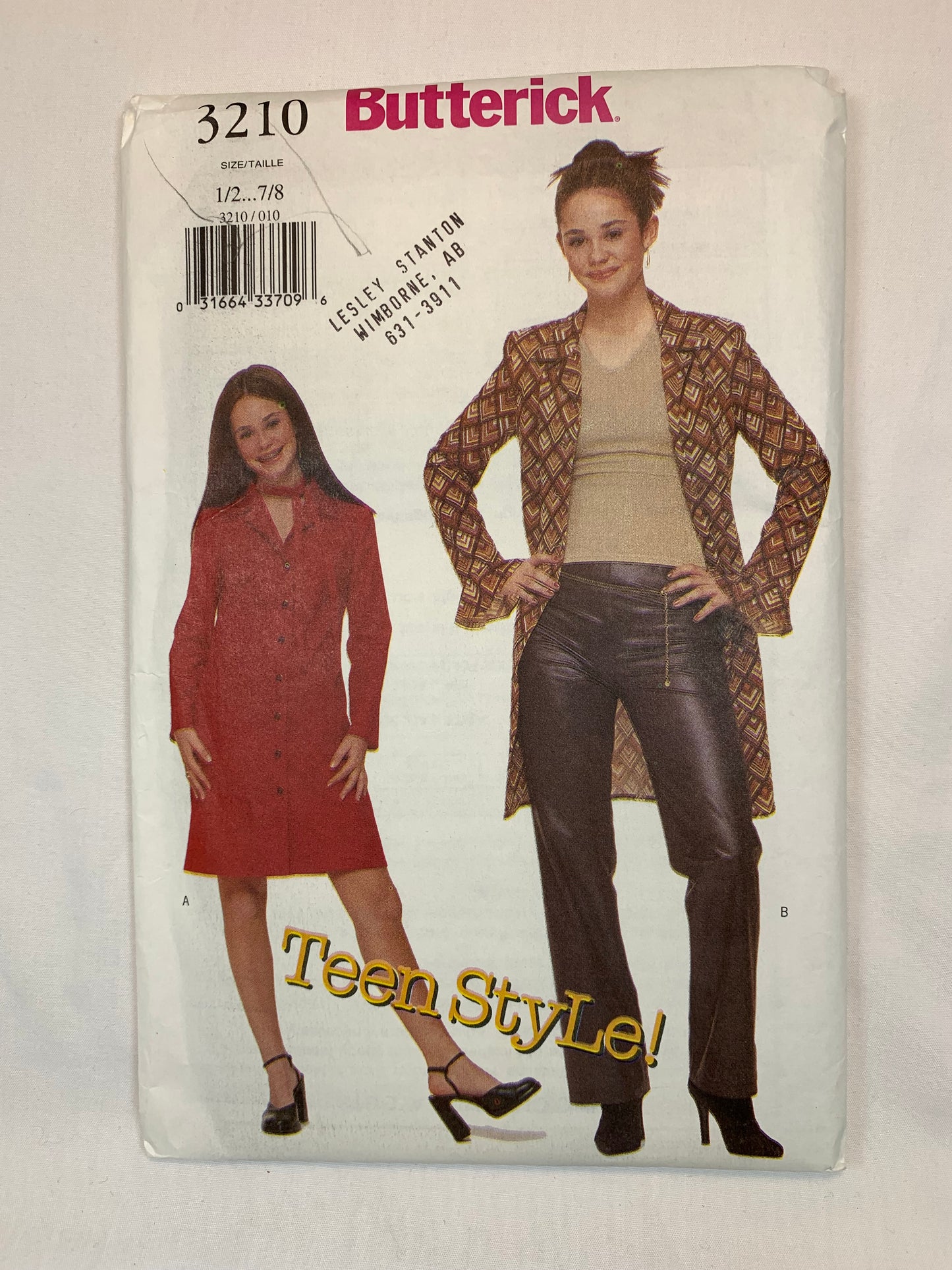 Butterick Sewing Pattern 3210 Misses' Juniors' Dress Pants, Button Front, Long Sleeves, Zipper Back, Size 1-8, Uncut, 2001