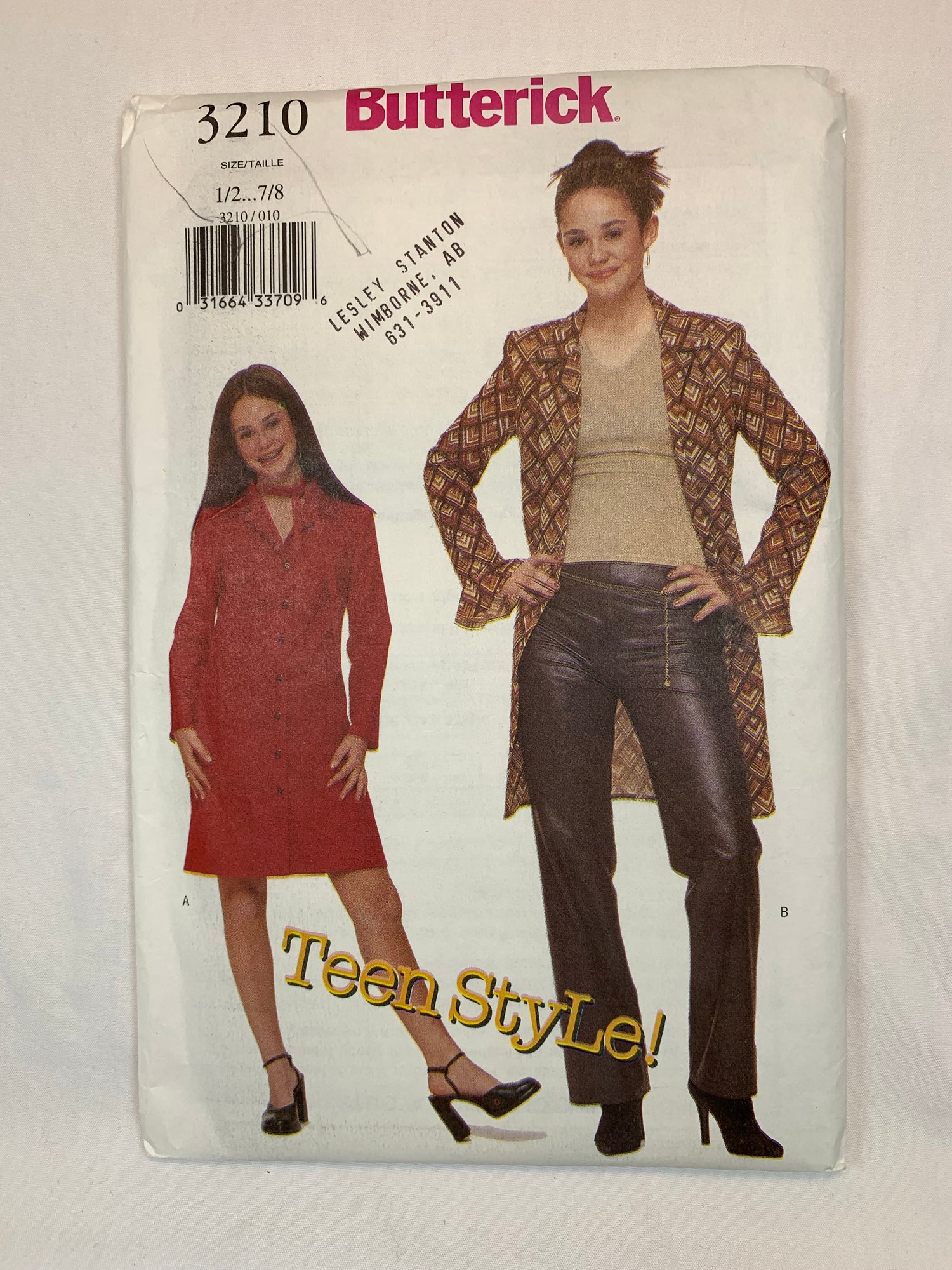 Butterick Sewing Pattern 3210 Misses' Juniors' Dress Pants, Button Front, Long Sleeves, Zipper Back, Size 1-8, Uncut, 2001