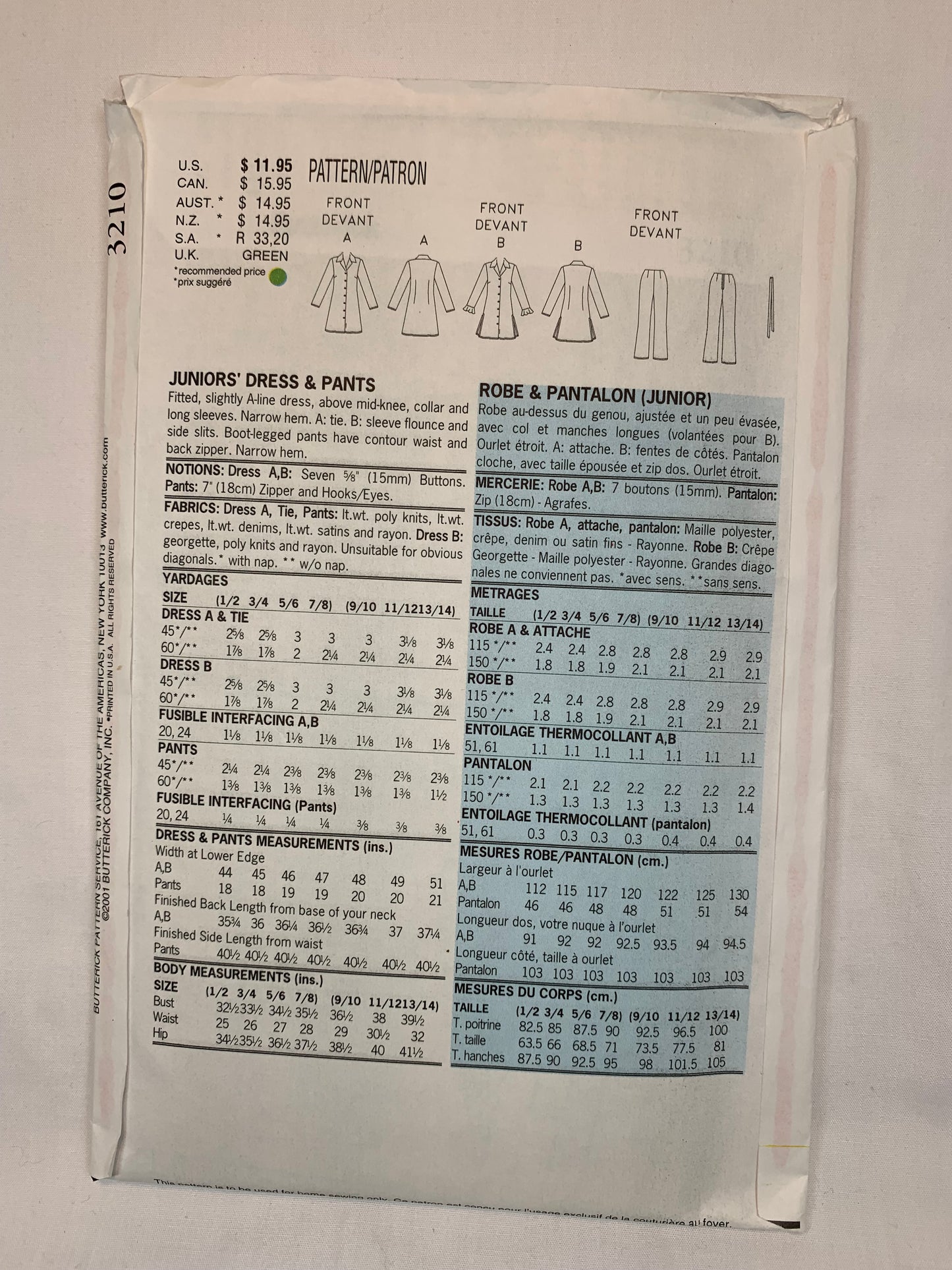 Butterick Sewing Pattern 3210 Misses' Juniors' Dress Pants, Button Front, Long Sleeves, Zipper Back, Size 1-8, Uncut, 2001