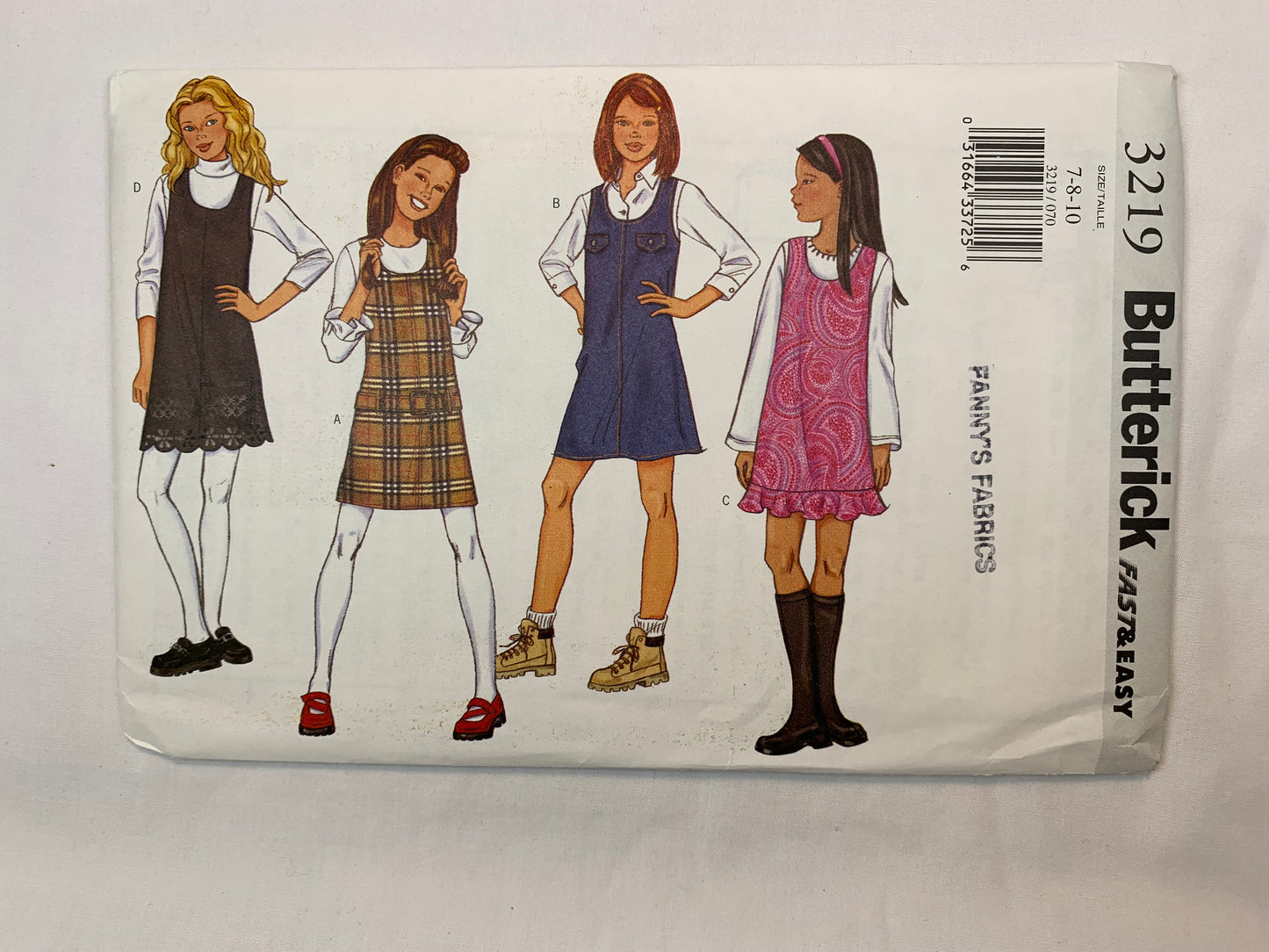 Butterick Sewing Pattern 3219 Girls' Jumper, Belt, Loose-Fitting, A-Line, Sleeveless, Flounce, Size 7-10, Uncut, 2001