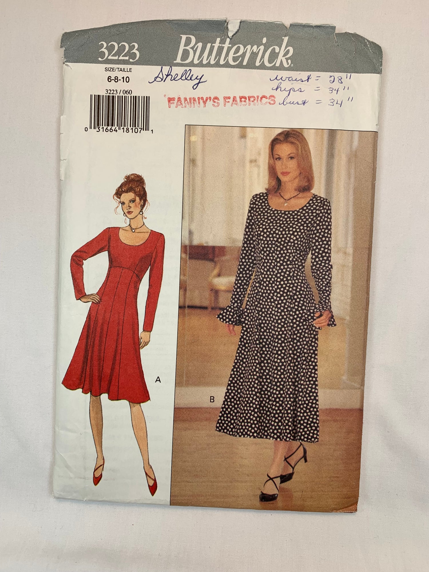 Butterick Sewing Pattern 3223 Misses' Dress 2 Variations, Long Sleeves, Fitted, Zipper Back, Flounse, Size 6-10, Cut, Vintage 1993