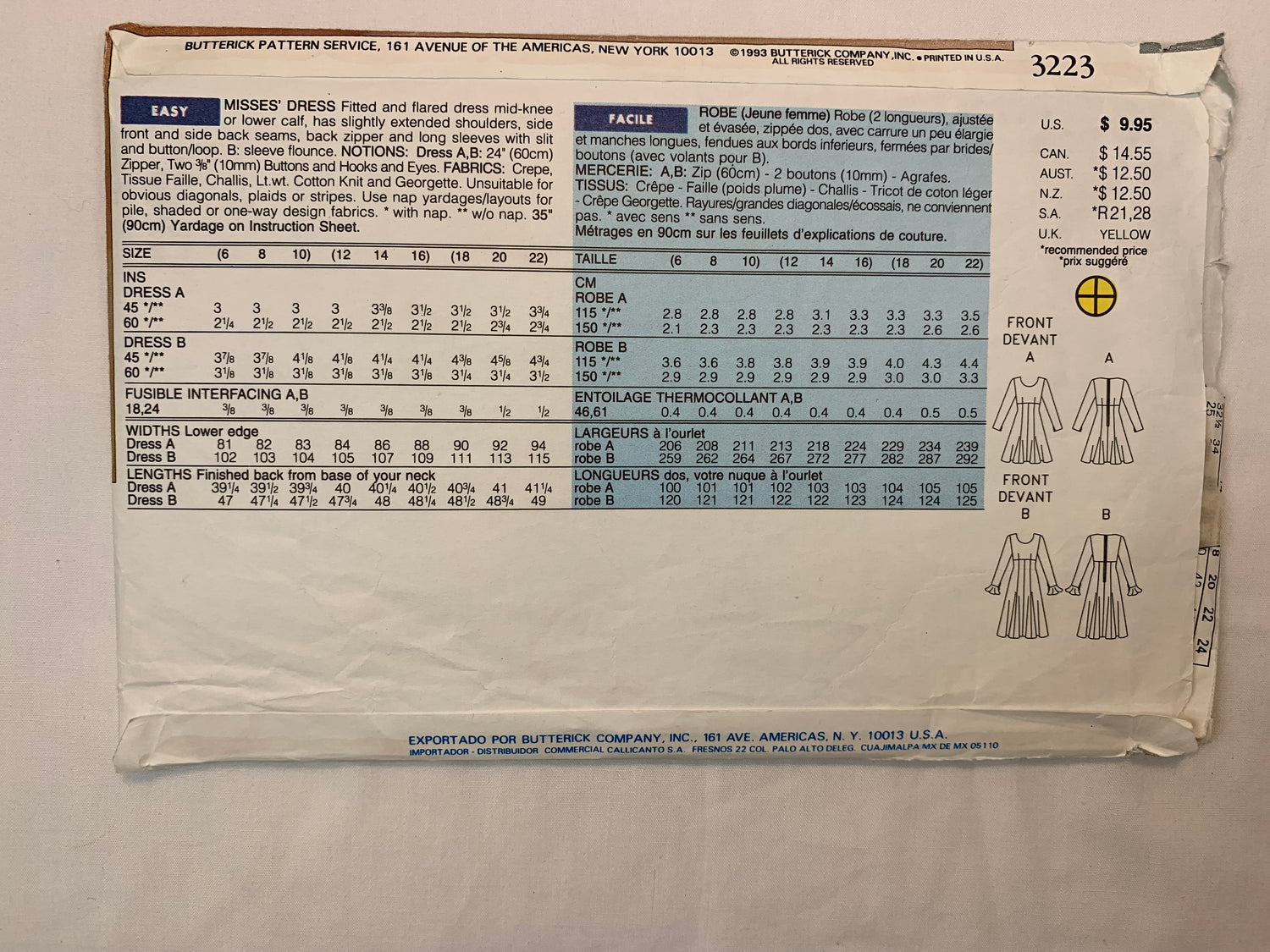 Butterick Sewing Pattern 3223 Misses' Dress 2 Variations, Long Sleeves, Fitted, Zipper Back, Flounse, Size 6-10, Cut, Vintage 1993