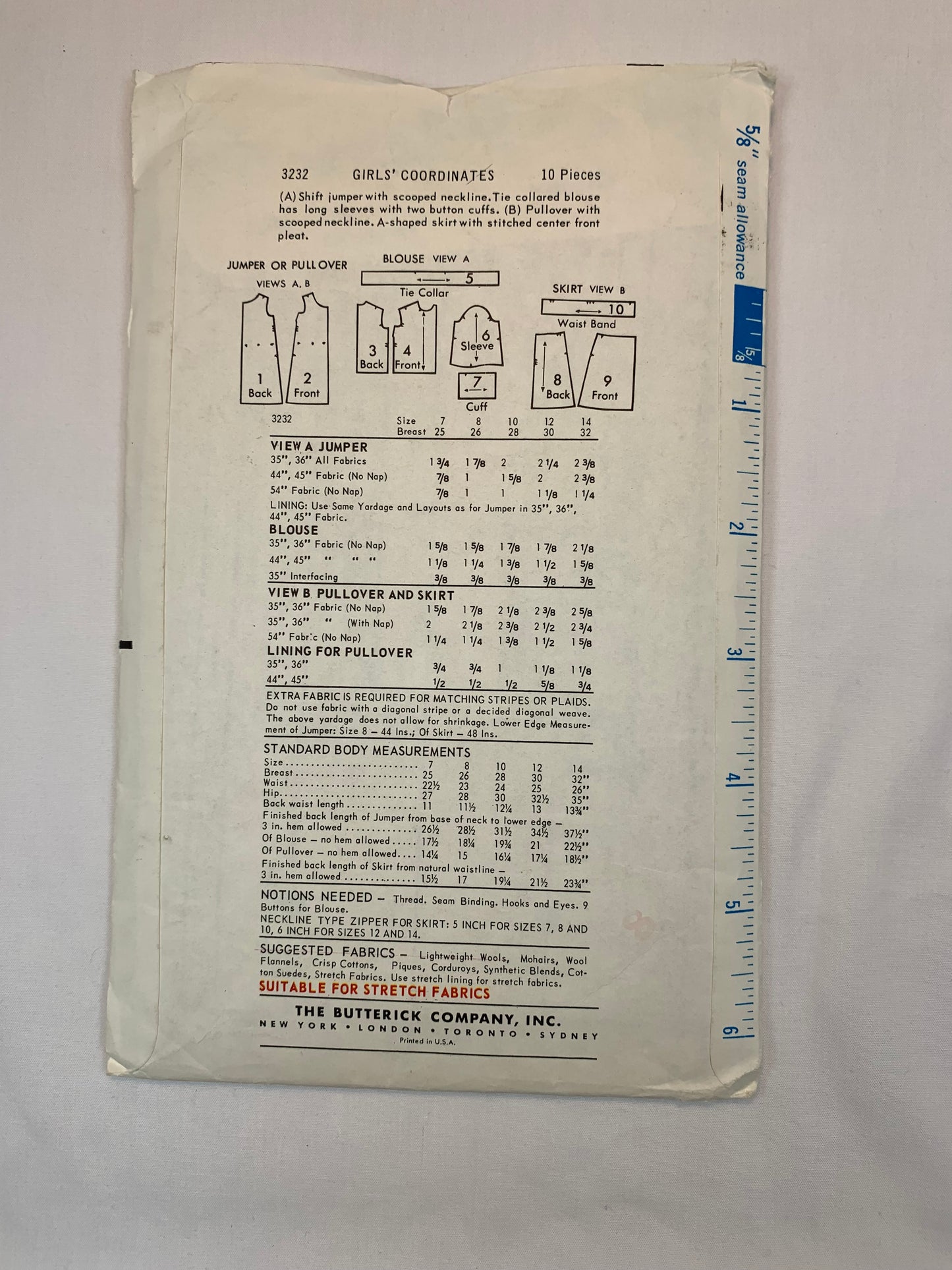 Butterick Sewing Pattern 3232 Girls' Dress, Jumper, Shift, Top, Skirt, Long Sleeves, Collar, Pullover, Zipper Back, Size 8, Cut, Vintage 1960