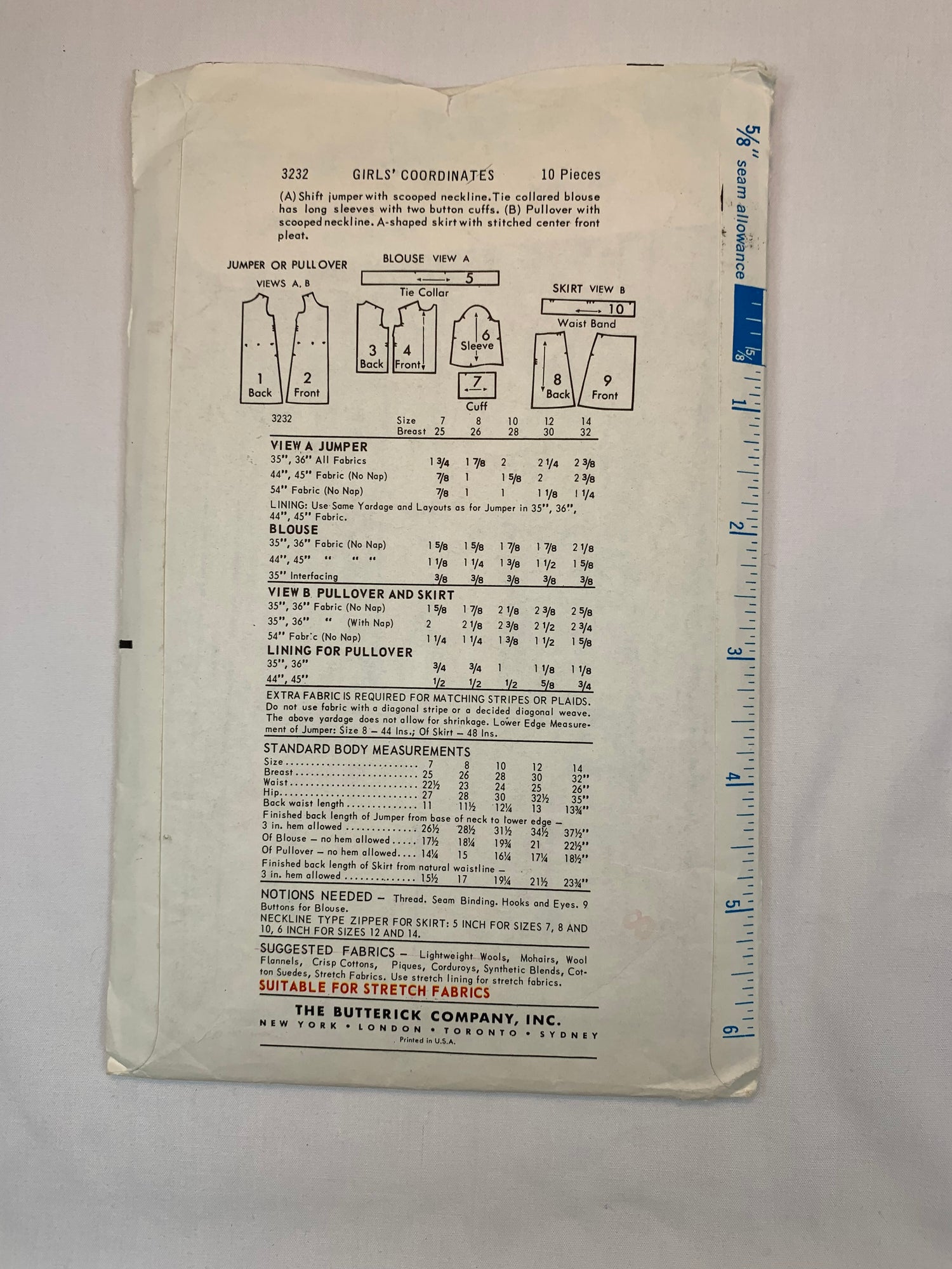 Butterick Sewing Pattern 3232 Girls' Dress, Jumper, Shift, Top, Skirt, Long Sleeves, Collar, Pullover, Zipper Back, Size 8, Cut, Vintage 1960