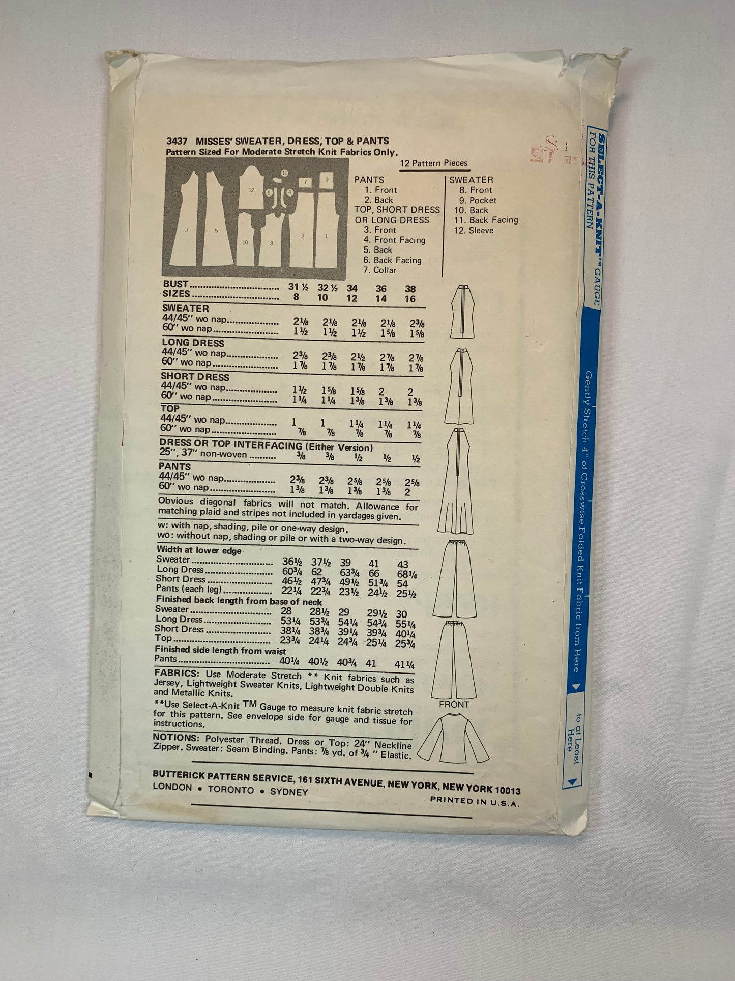 Butterick Sewing Pattern 3437 Misses' Sweater, Dress, Top, Pants, Pockets, Two Lengths, Sleeveless, Size 12, Cut, Vintage 1970