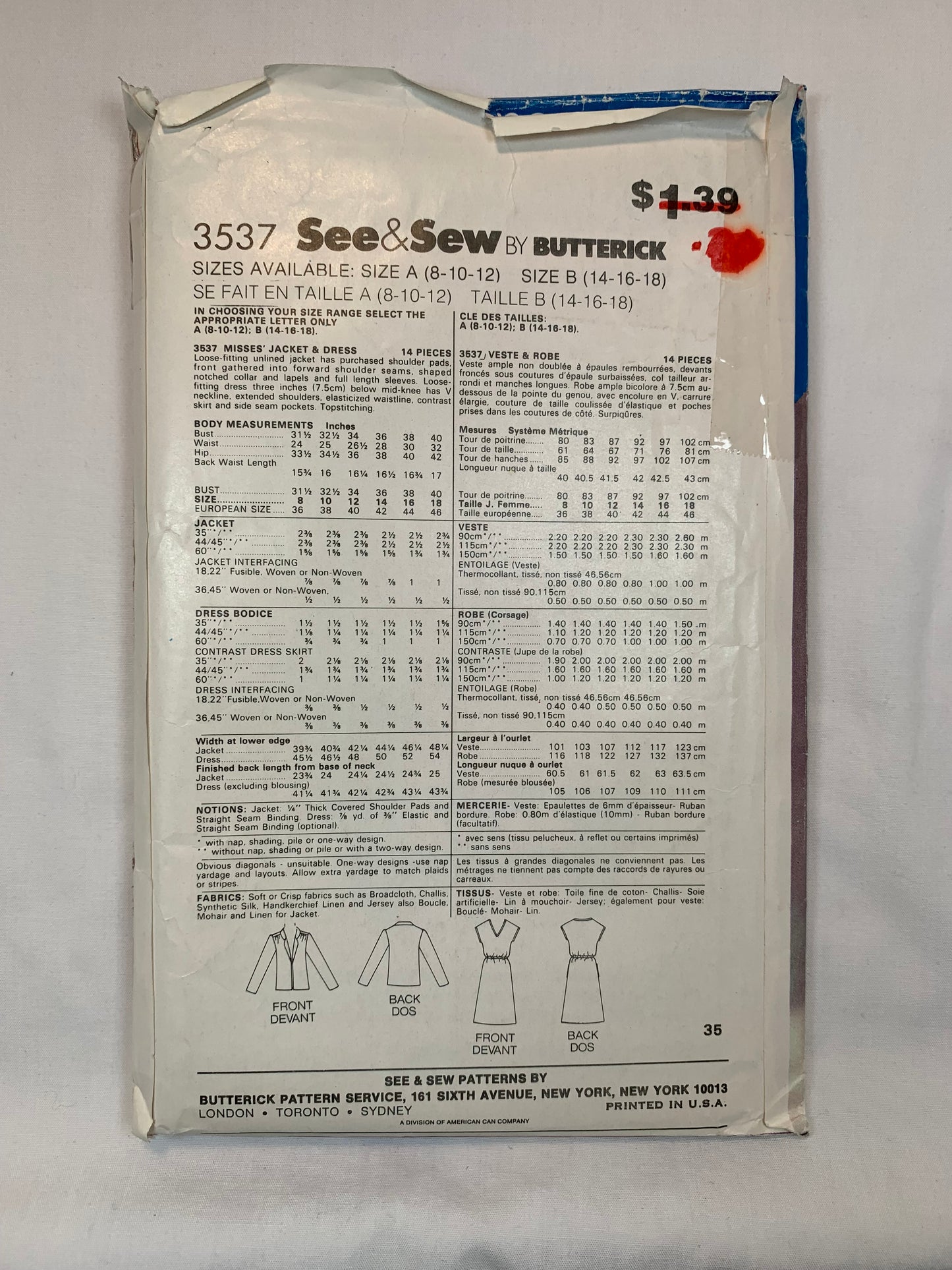 Butterick Sewing Pattern 3537 Misses' Dress, Jacket, Loose-Fitting, Shoulder Pads, Long Sleeves, Collar, Elastic Waist, Size 8-12, Uncut, Vintage 1980