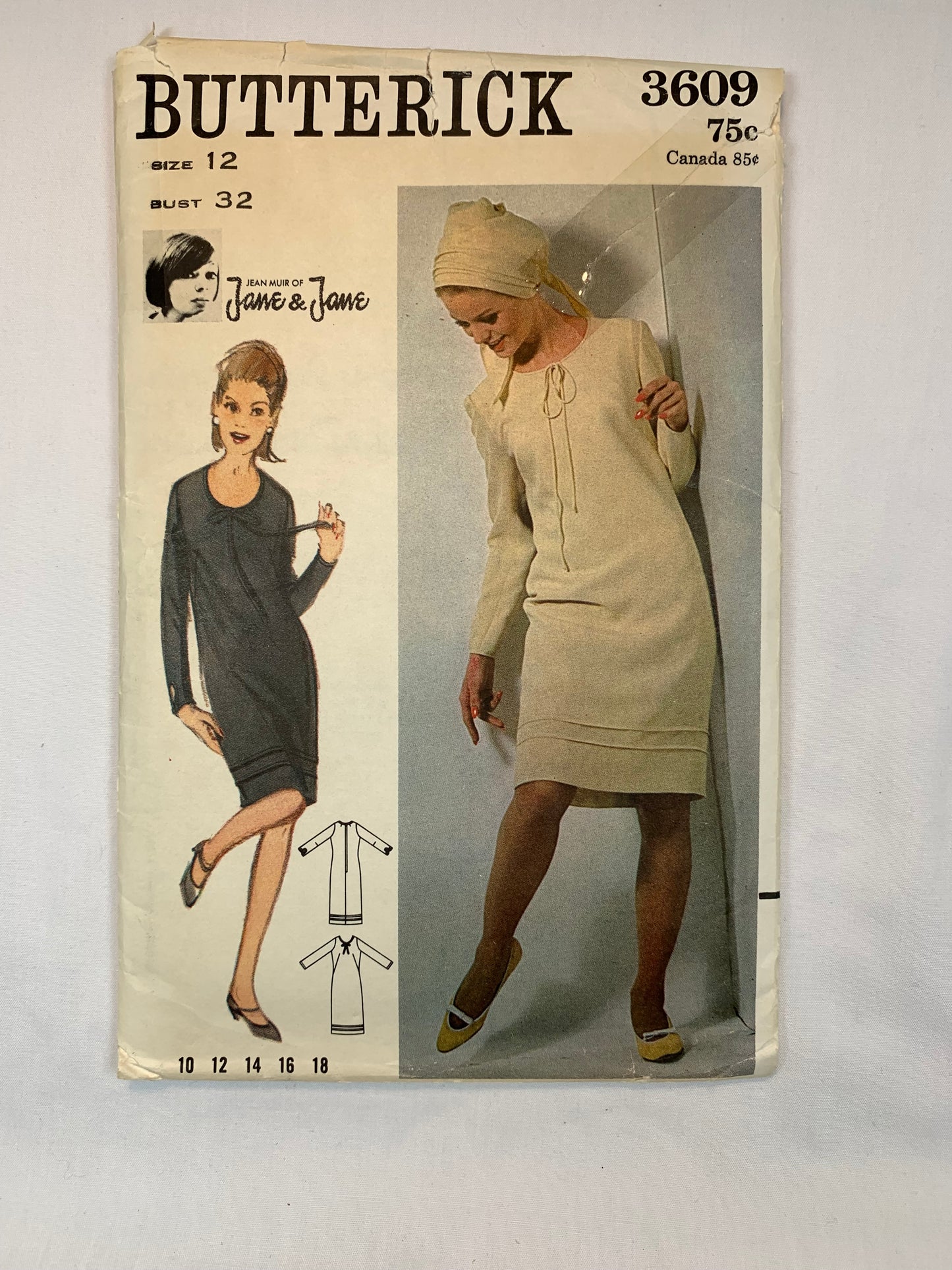 Butterick Sewing Pattern 3609 Jane Muir, Jane & Jane, Misses' Dress, One-Piece. Long Sleeves, Scoop Neck, Size 12, Cut, Vintage 1960