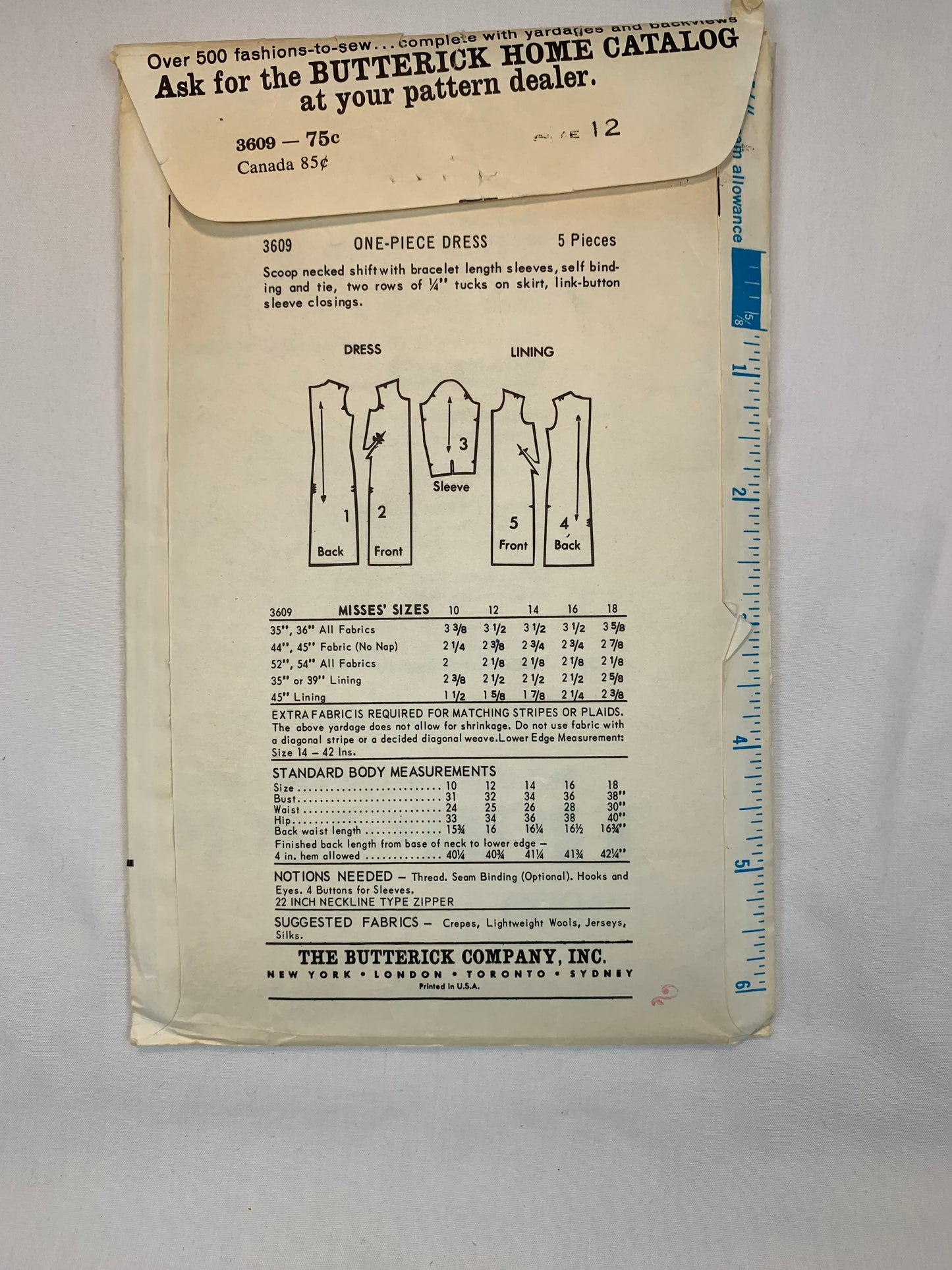 Butterick Sewing Pattern 3609 Jane Muir, Jane & Jane, Misses' Dress, One-Piece. Long Sleeves, Scoop Neck, Size 12, Cut, Vintage 1960