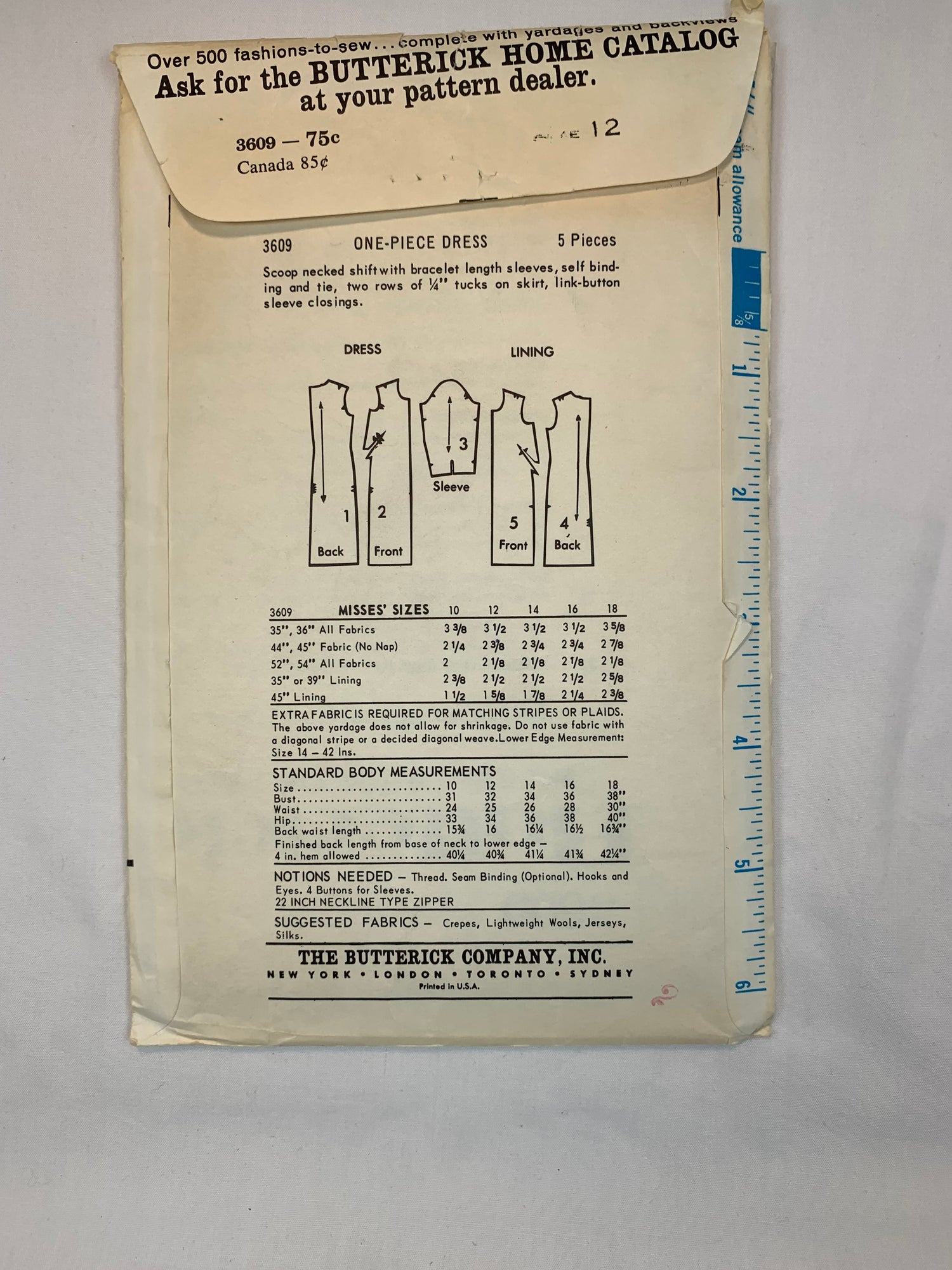 Butterick Sewing Pattern 3609 Jane Muir, Jane & Jane, Misses' Dress, One-Piece. Long Sleeves, Scoop Neck, Size 12, Cut, Vintage 1960