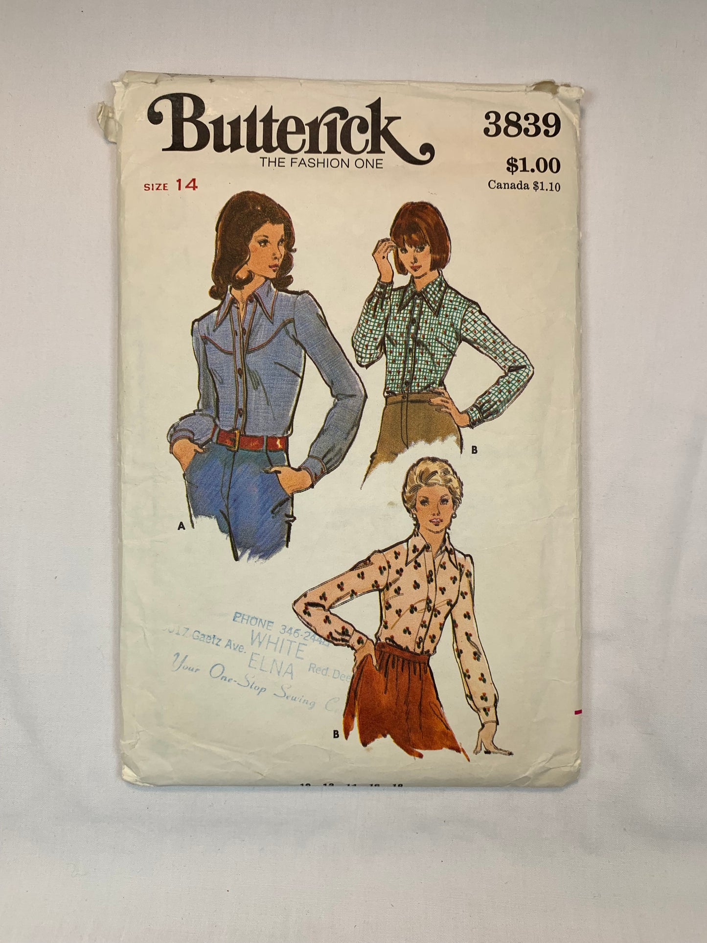 Butterick Sewing Pattern 3839 Misses' Top, Button Front, Long Sleeves, Collar, 3 Variations, Darts, Size 14, Cut, Vintage 1970