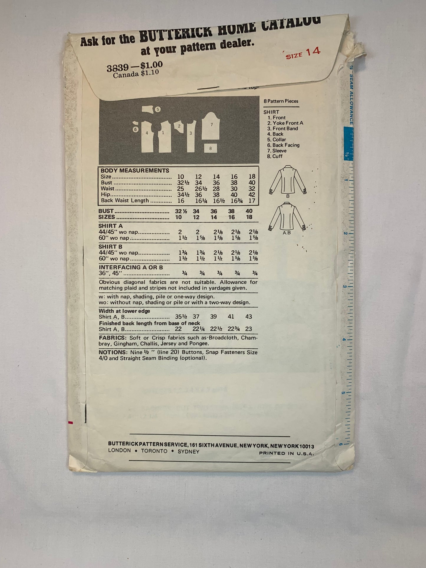 Butterick Sewing Pattern 3839 Misses' Top, Button Front, Long Sleeves, Collar, 3 Variations, Darts, Size 14, Cut, Vintage 1970