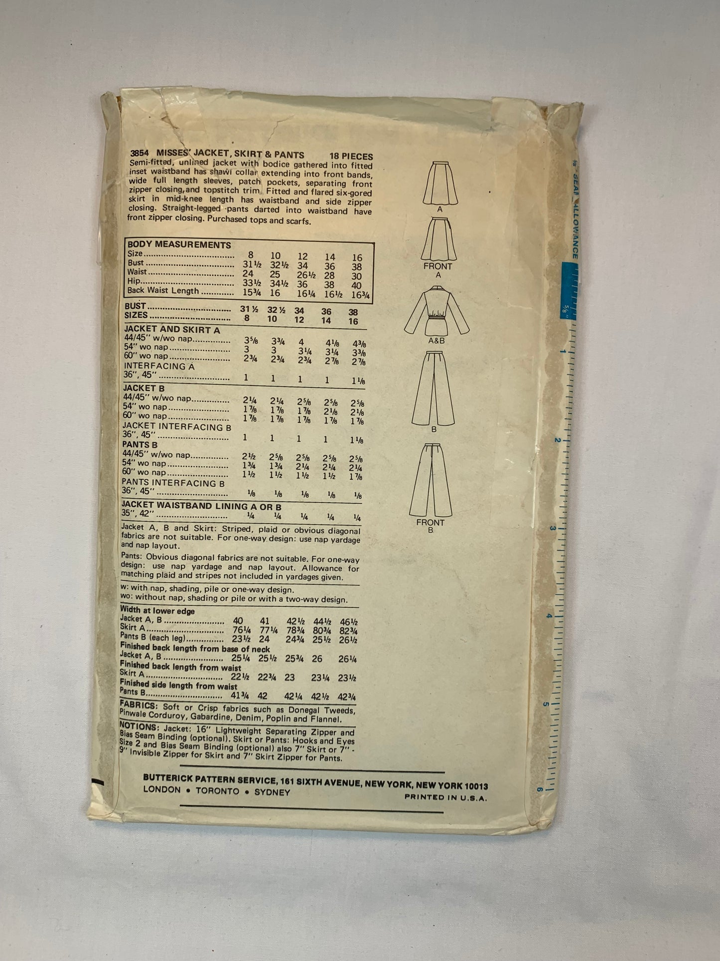 Butterick Sewing Pattern 3854 Willi Smith, Misses' Jacket, Skirt, Pants,Unlined, Shawl Collar, Pockets, Front Zipper, Size 10, Uncut, Vintage 1970