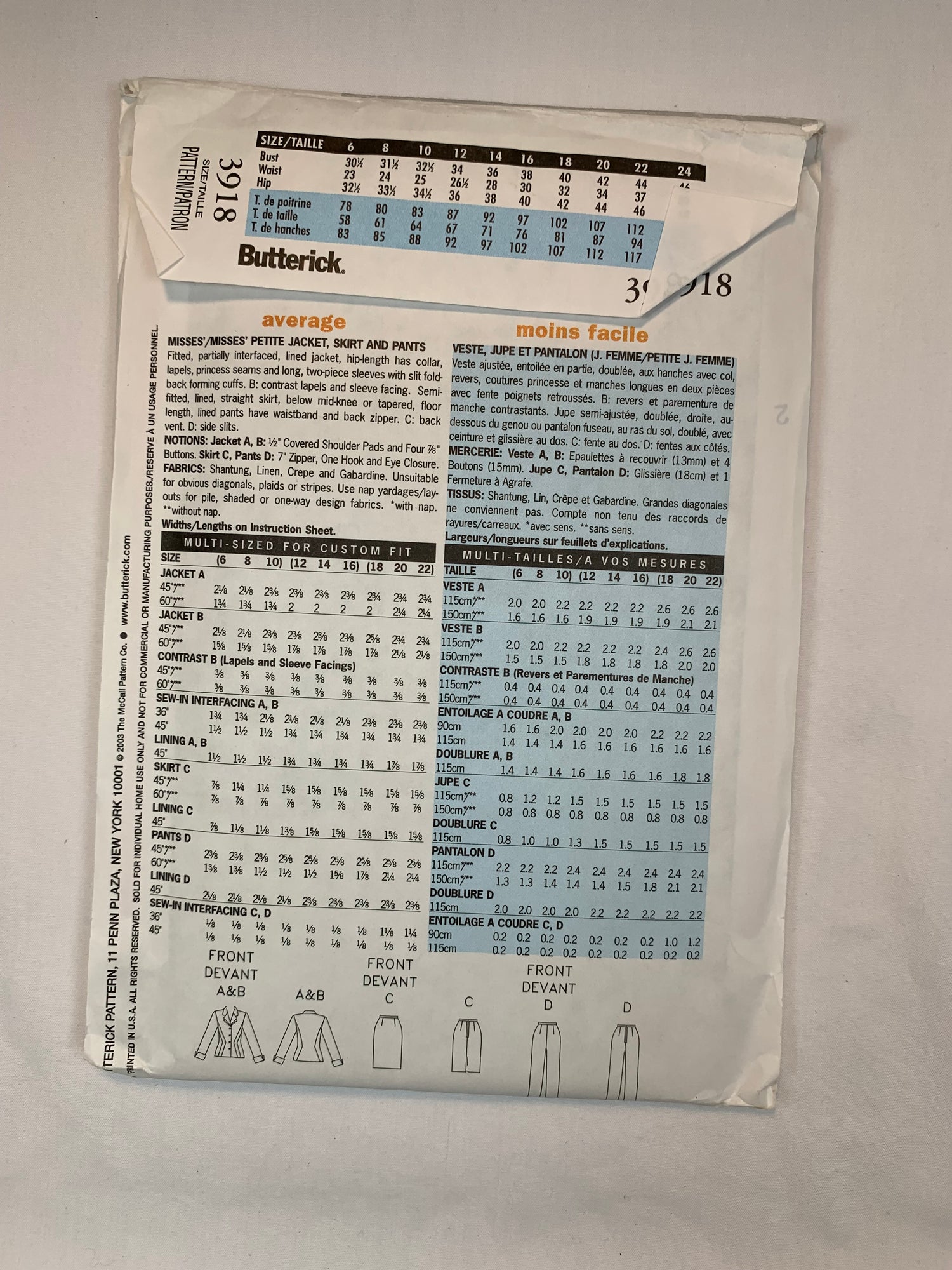 Butterick Sewing Pattern 3918 Misses'/Misses' Petite Jacket, Skirt, Pants, Fitted, Lined, Collar, Princess seams, Button Front, Size 6-10, Uncut, 2003