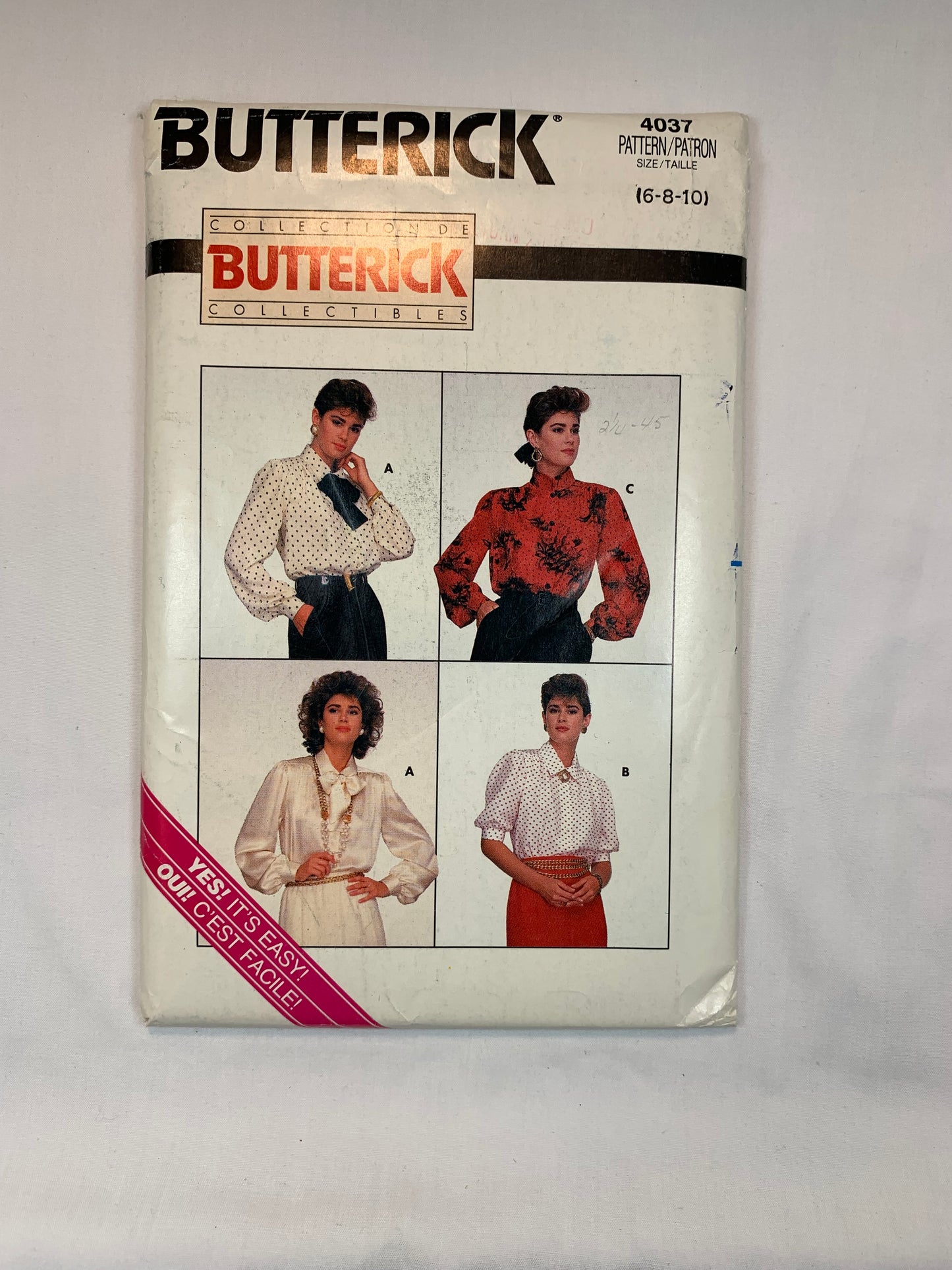 Butterick 4037 Misses' Top, Size 6-10, Cut, Vintage 1986
