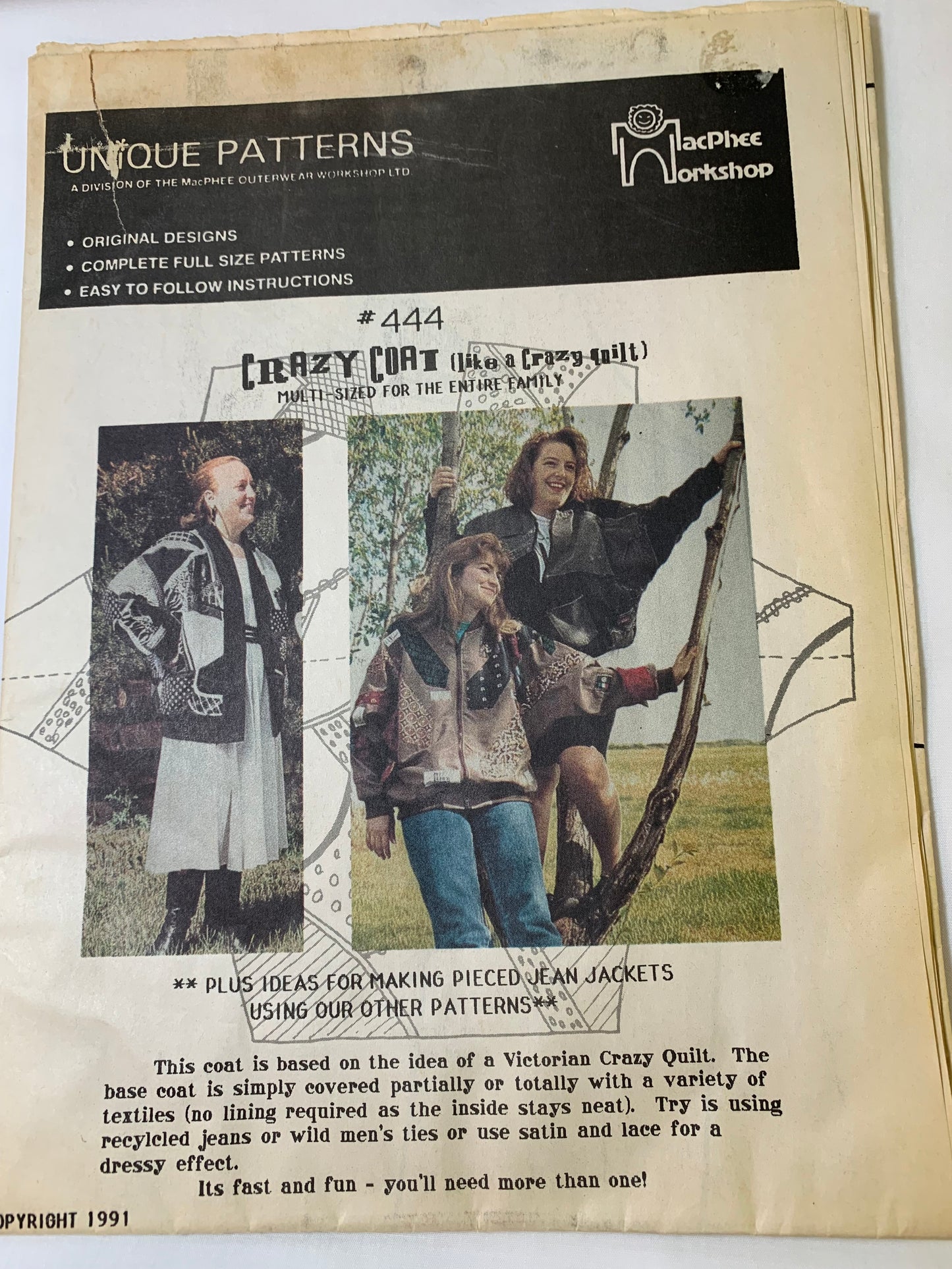 Unique Sewing Patterns Crazy Coat 444, Crazy Quilt, Long Sleeves, Pockets, Child Size 2 to Adult Size XL, Multi-Sized, MacPhee Workshop, 1991