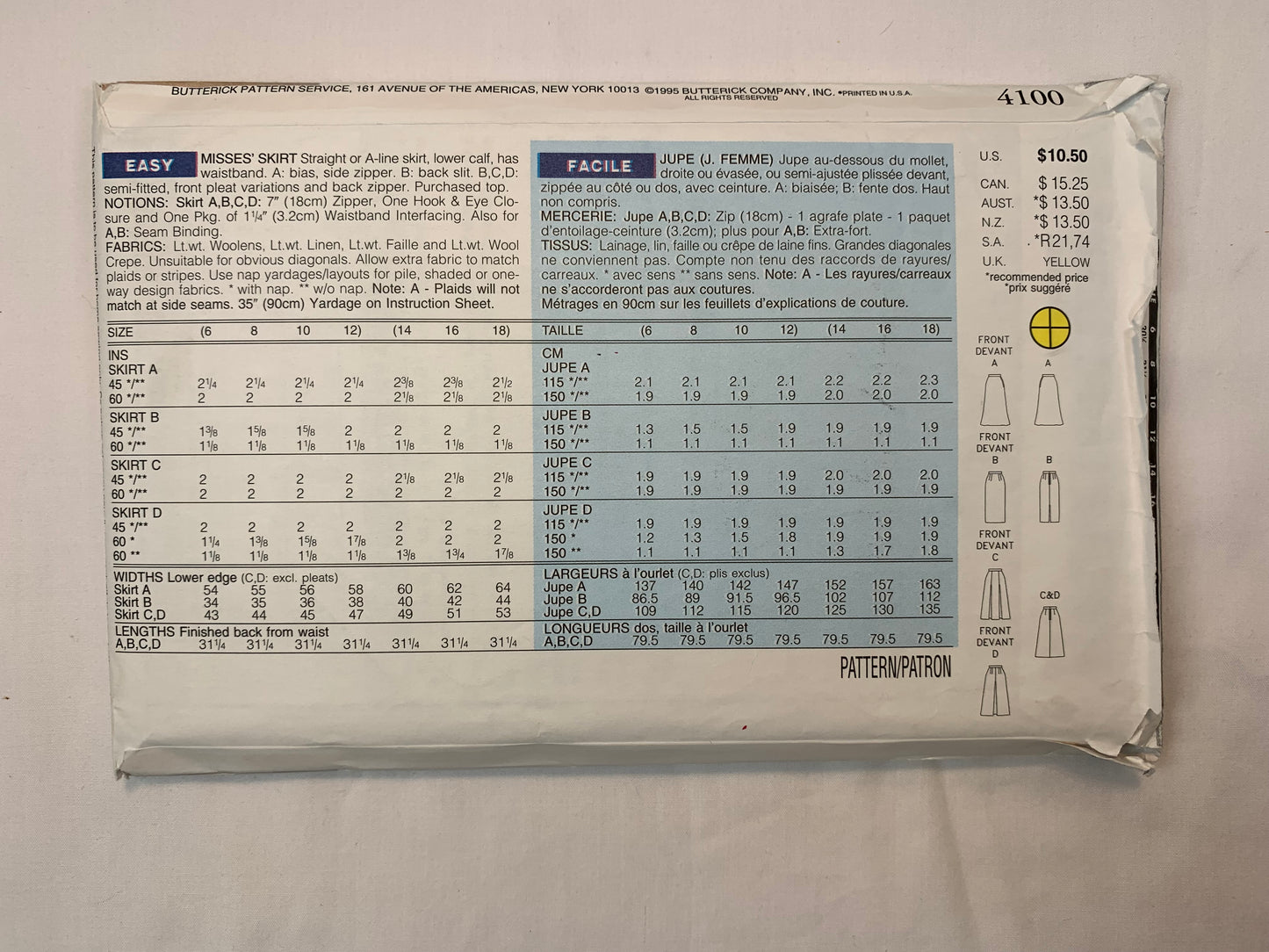 Butterick 4100 Misses' Skirt, Size 14-18, Uncut, Vintage 1995