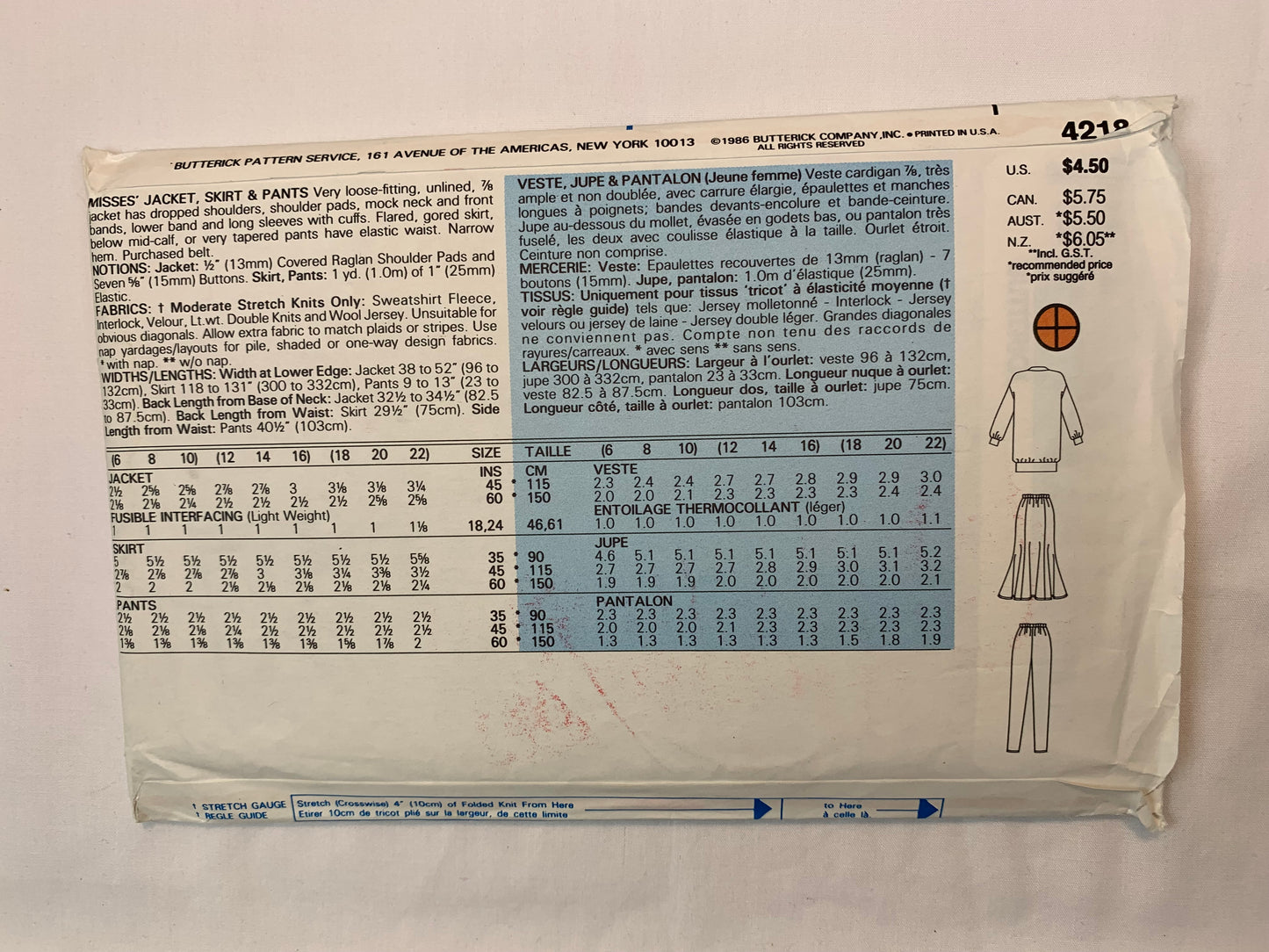 Butterick 4218 Misses' Jacket, Skirt, Pants, Size 12-16, Uncut, Vintage 1986