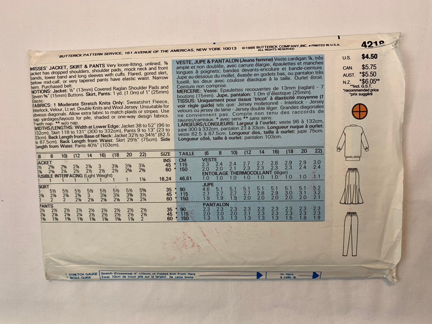 Butterick 4218 Misses' Jacket, Skirt, Pants, Size 12-16, Uncut, Vintage 1986