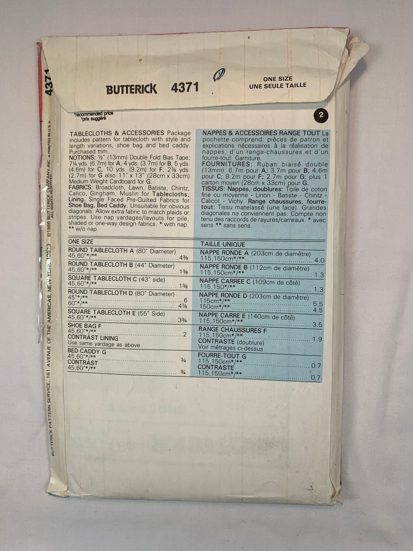 Butterick 4371 Crafts, Tablecloths, Shoe Bag, Bed Caddy, Uncut, Vintage 1986
