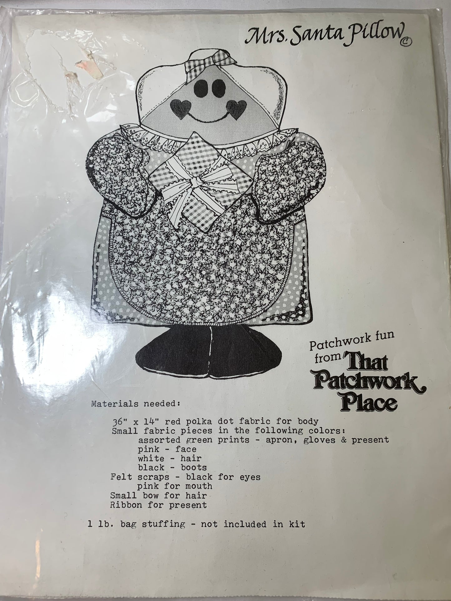 The Patchwork Place Mrs. Santa Pillow Sewing Pattern Holiday, Christmas, Craft, Kit, Uncut, Vintage 1982