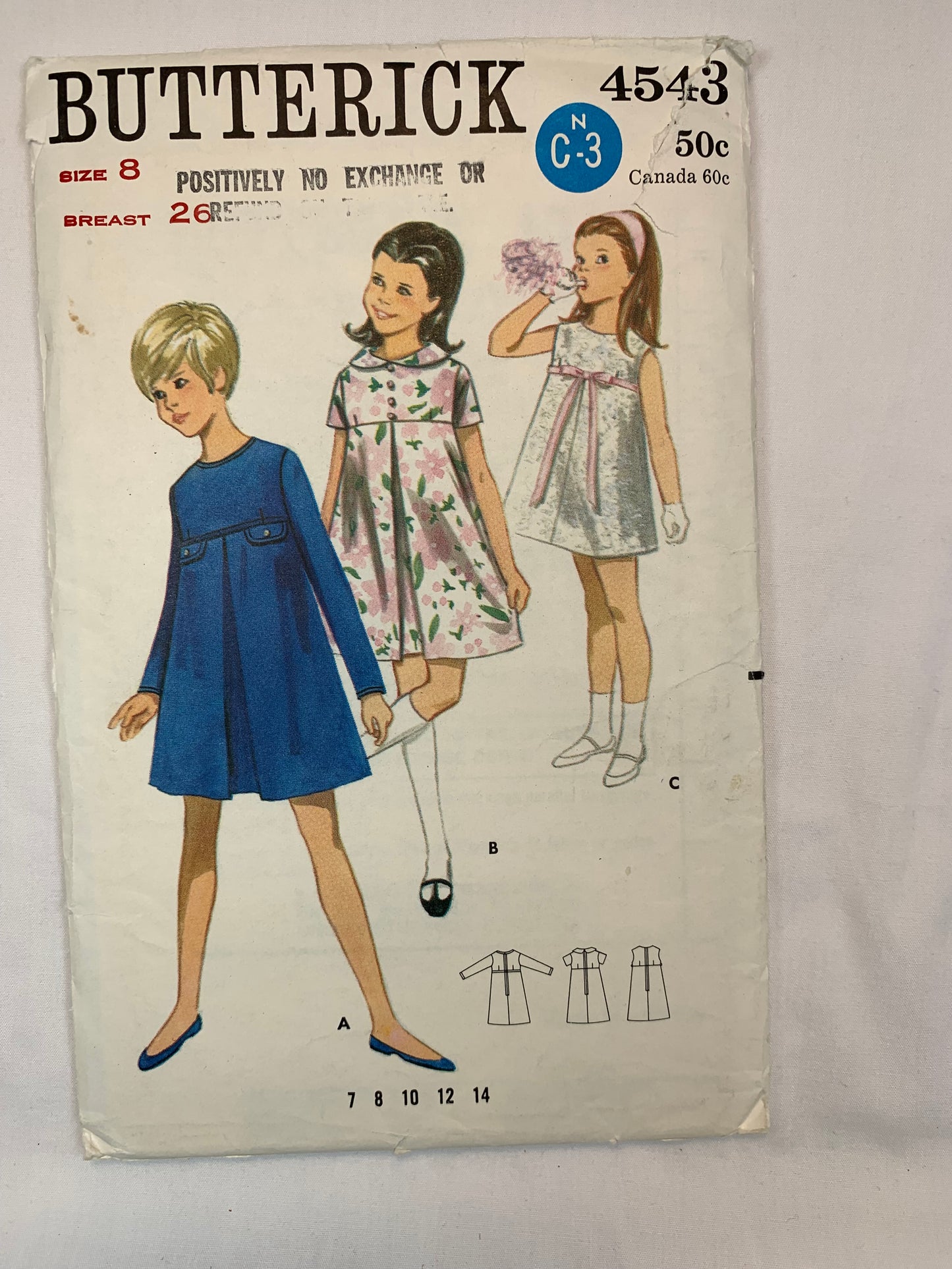 Butterick 4543 Girls' Dress, Size 8, Cut, Vintage 1960