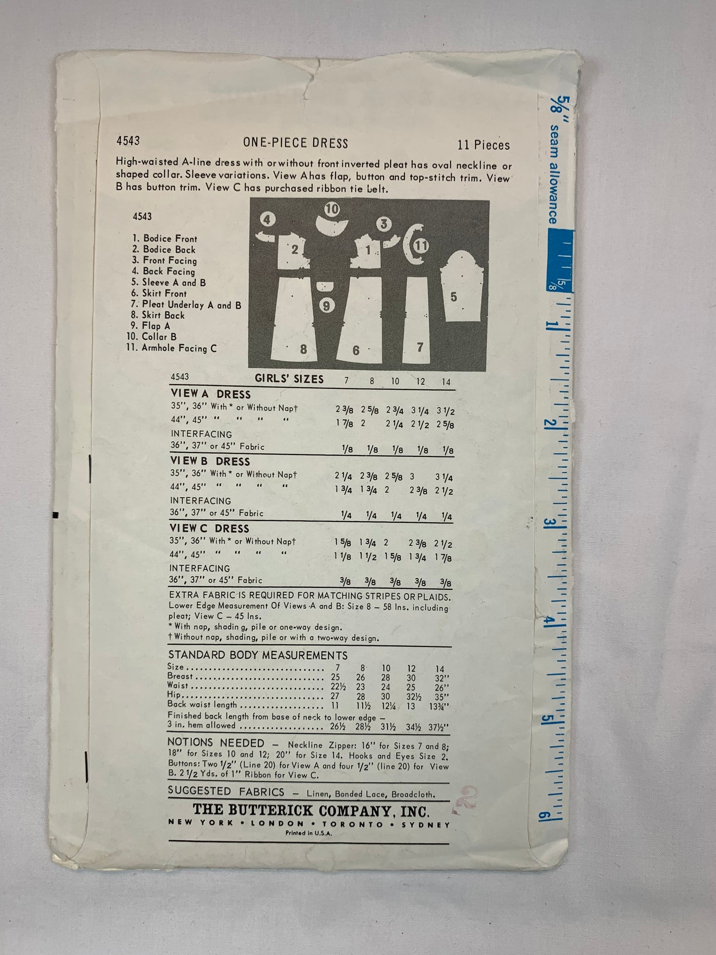 Butterick 4543 Girls' Dress, Size 8, Cut, Vintage 1960