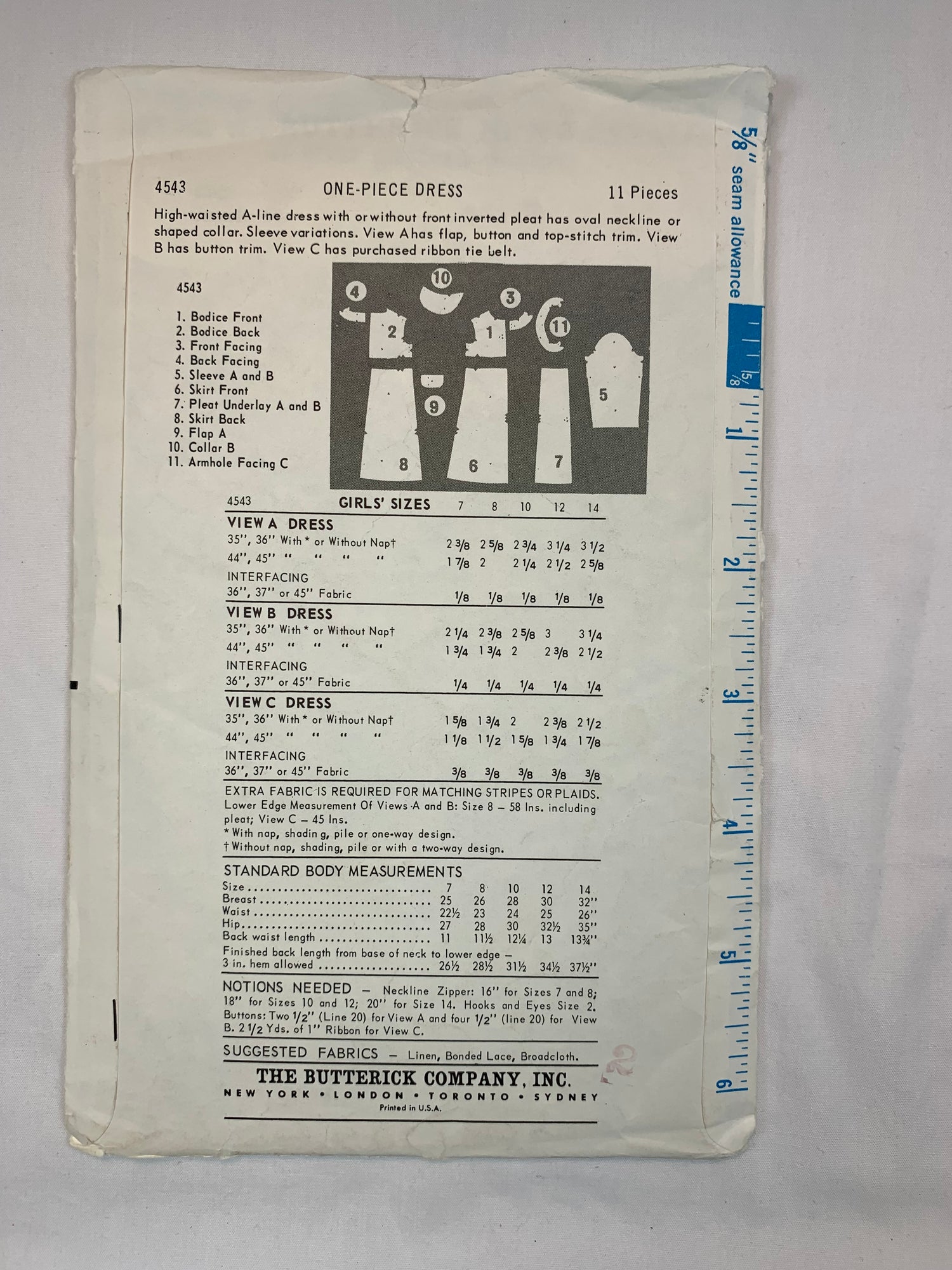 Butterick 4543 Girls' Dress, Size 8, Cut, Vintage 1960