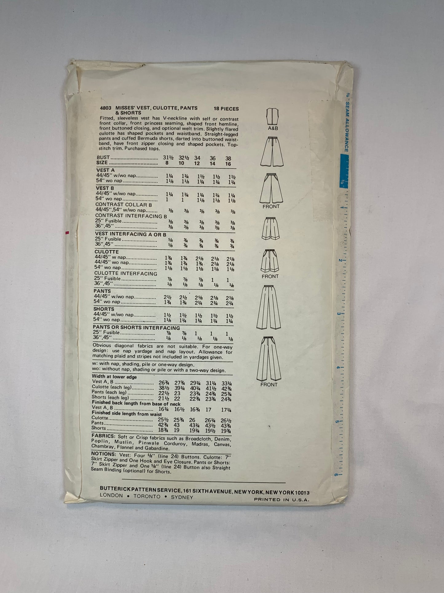 Butterick 4803 Misses' Vest, Culottes, Shorts, Pants, Size 12, Uncut, Vintage 1970