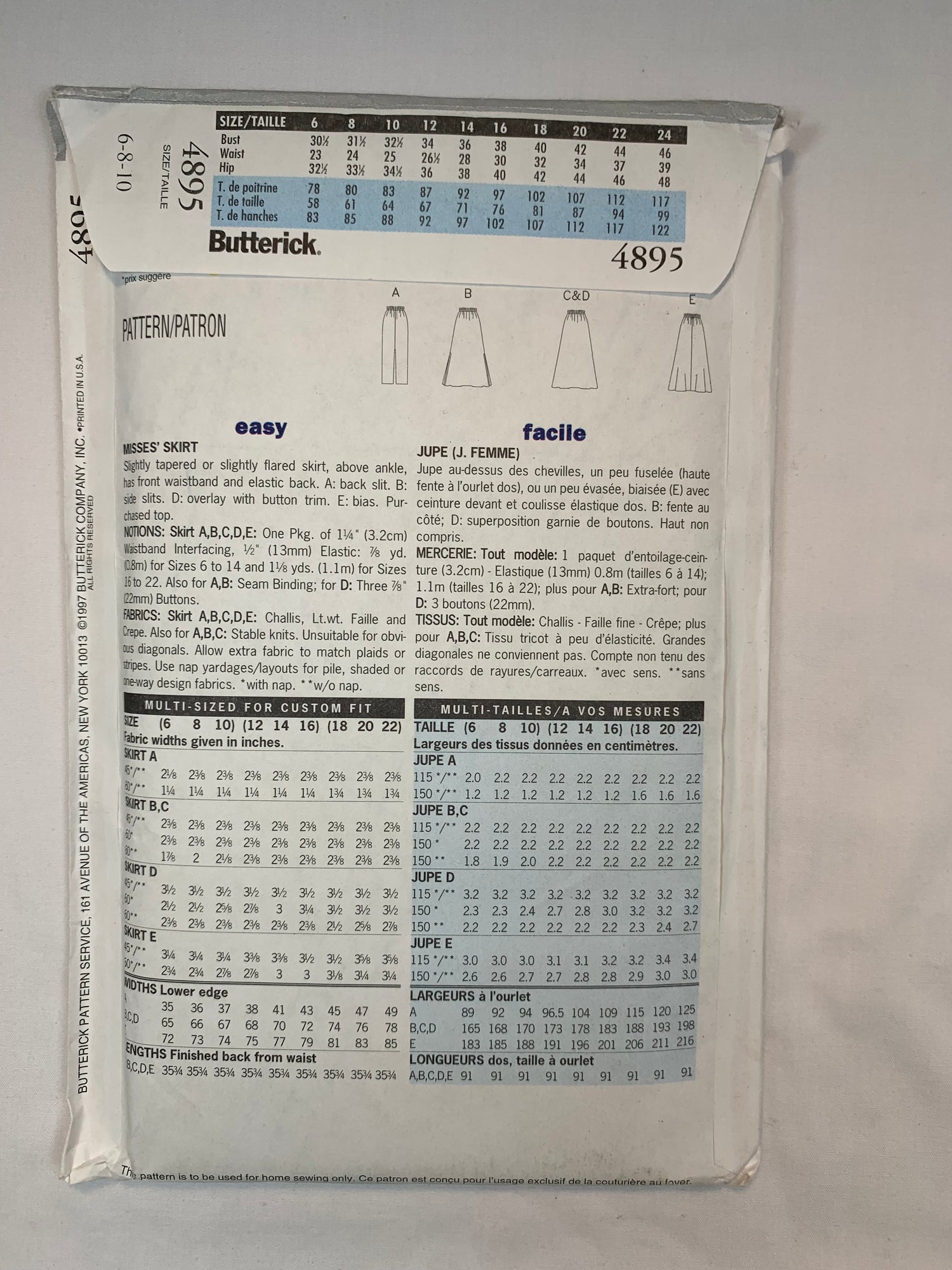 Butterick 4895 Misses' Skirt, Size 6-10, Uncut, Vintage 1997