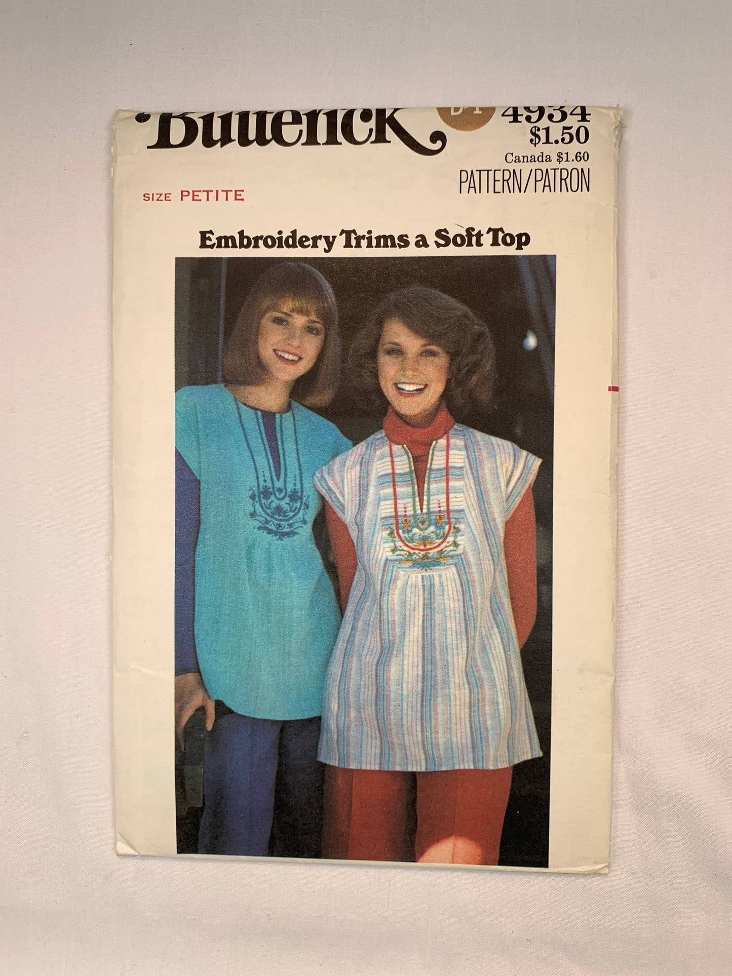 Butterick 4934 Misses' Tops, Embroidery Transfers, Size 6, Uncut, Vintage 1977