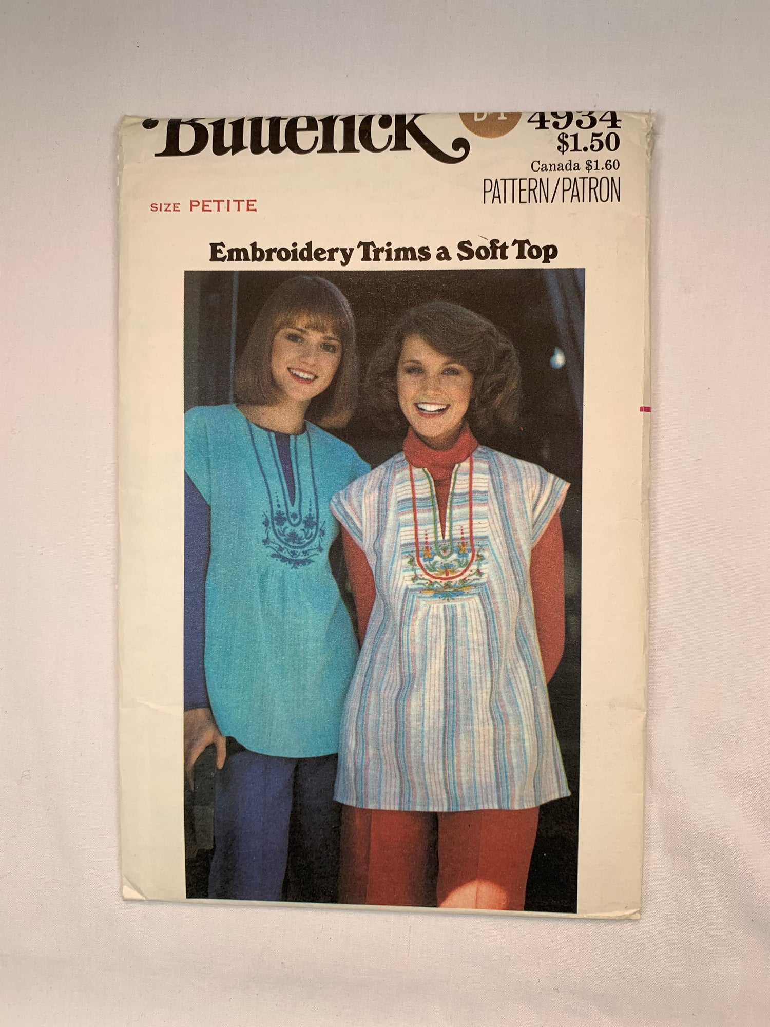 Butterick 4934 Misses' Tops, Embroidery Transfers, Size 6, Uncut, Vintage 1977