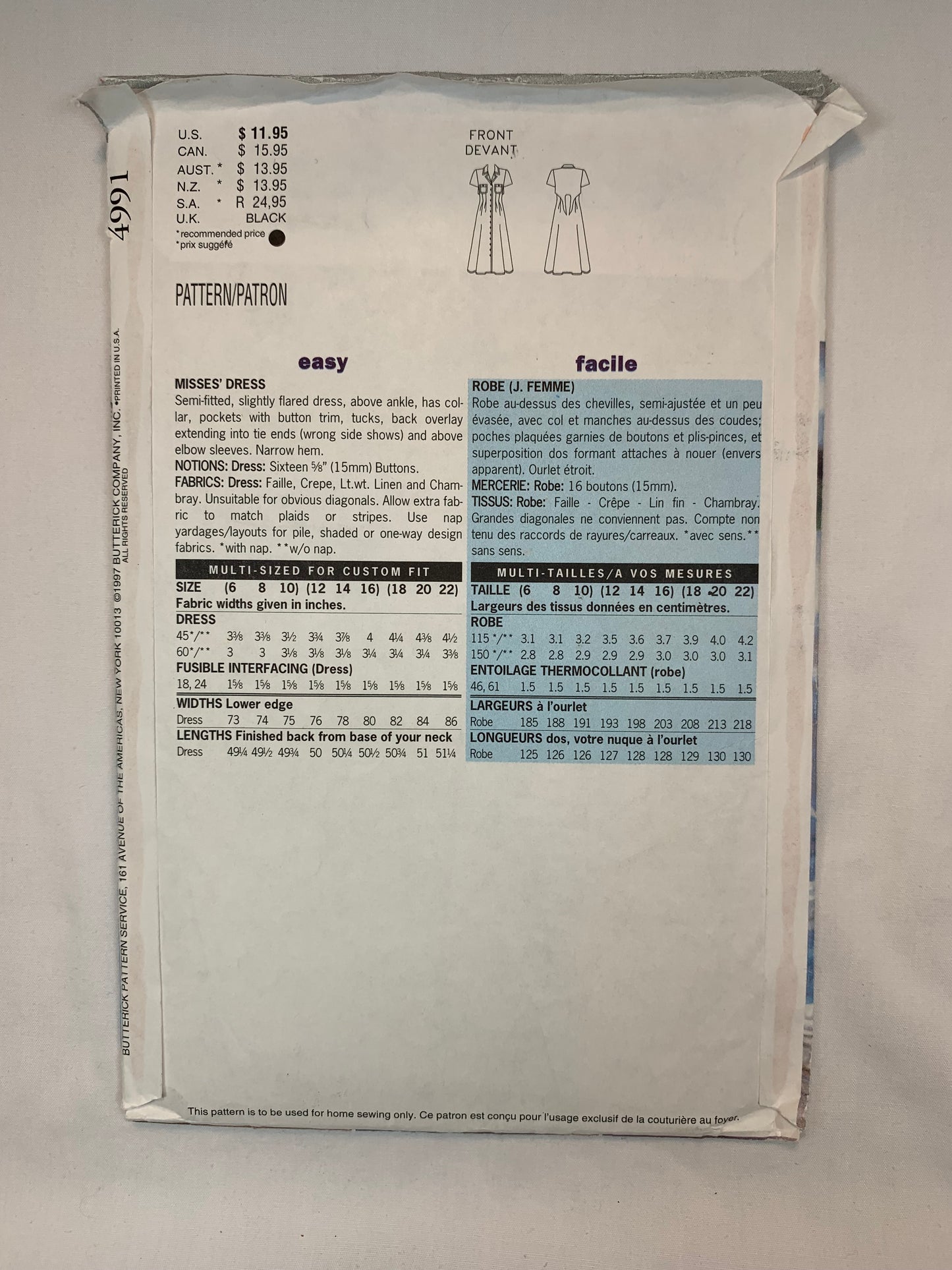 Butterick 4991 Misses' Dress, Size 12, Cut, Vintage 1997