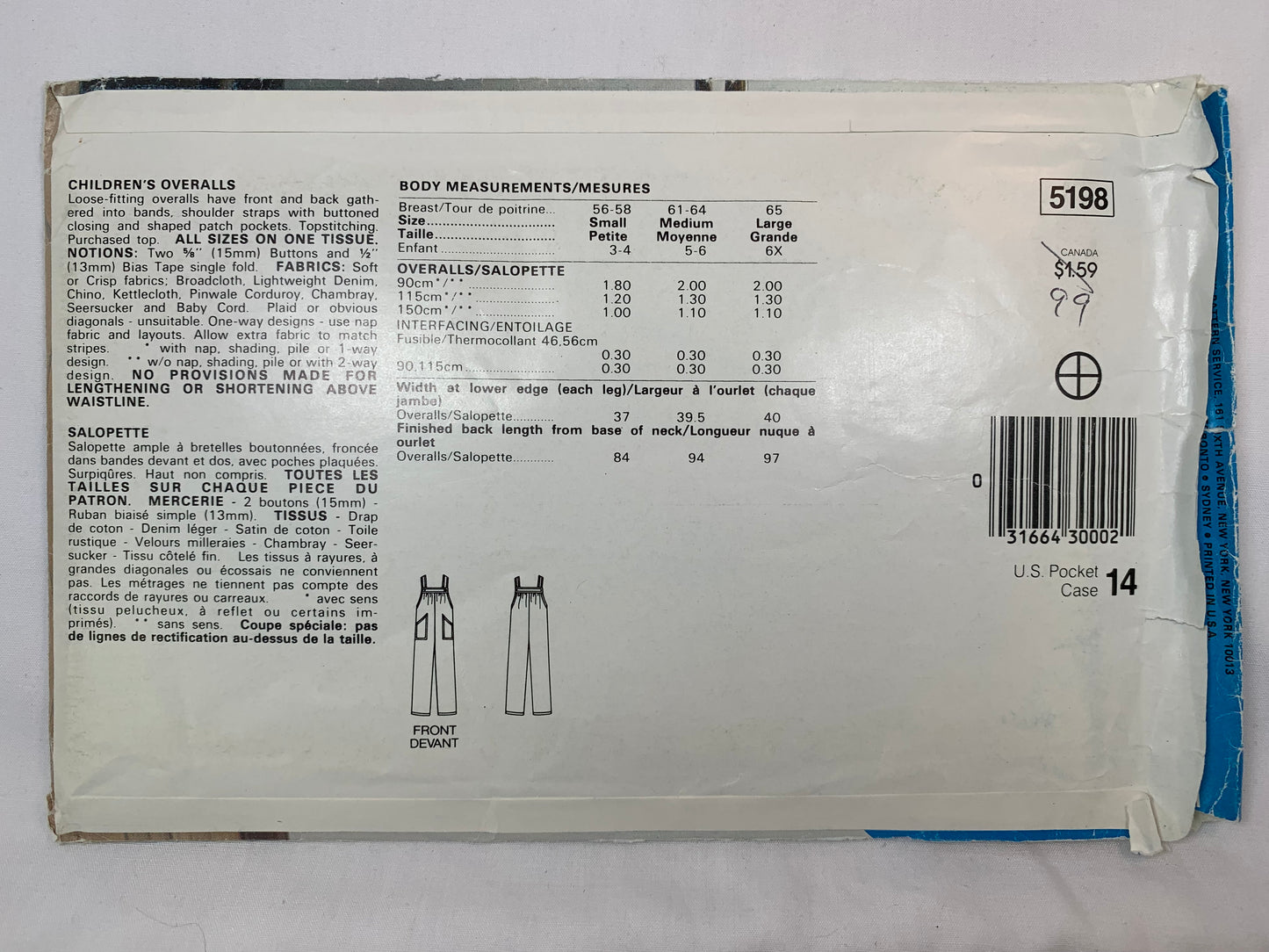Butterick 5198 Boy's Girls' Overalls, Size 3-6x, Uncut, Vintage 1979