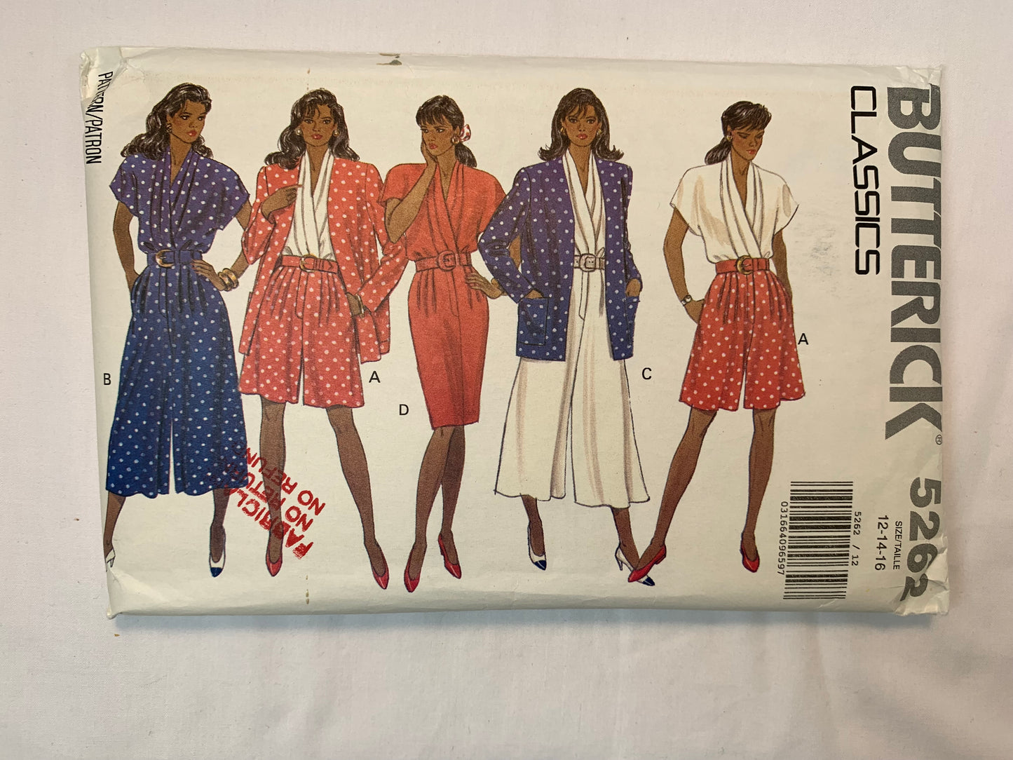 Butterick 5262 Misses' Jacket, Dress, Split Skirt, Size 12-16, Uncut, Vintage 1991
